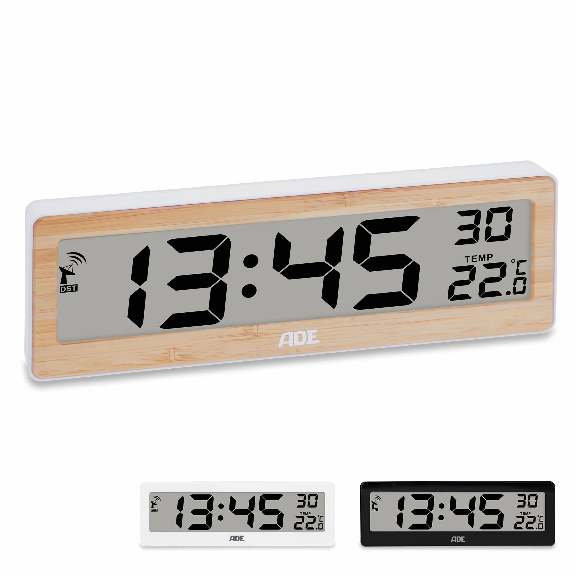 ADE Horloge radiopilotée numérique grands chiffres affichage température cadre bambou véritable