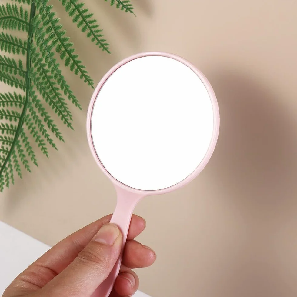 Miroir à main rond avec poignée maquillage portable rose femme