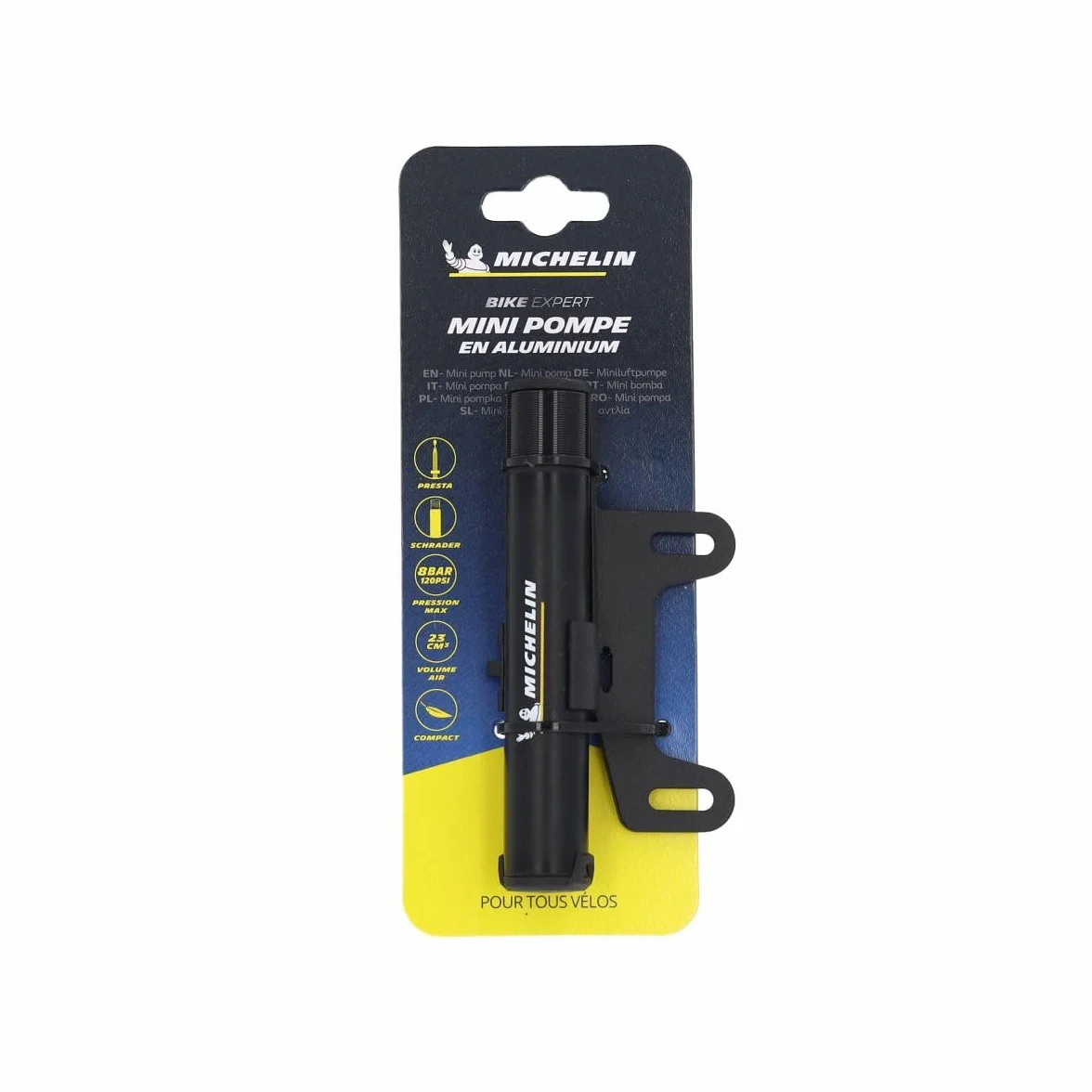 MICHELIN - Mini Pompe Aluminium Micro+ - Compatible Presta et Schrader - Ultra Légère 53g - Compacte 12,7 cm - Pression Max 8 Bars/120 PSI - Clip de Montage Inclus