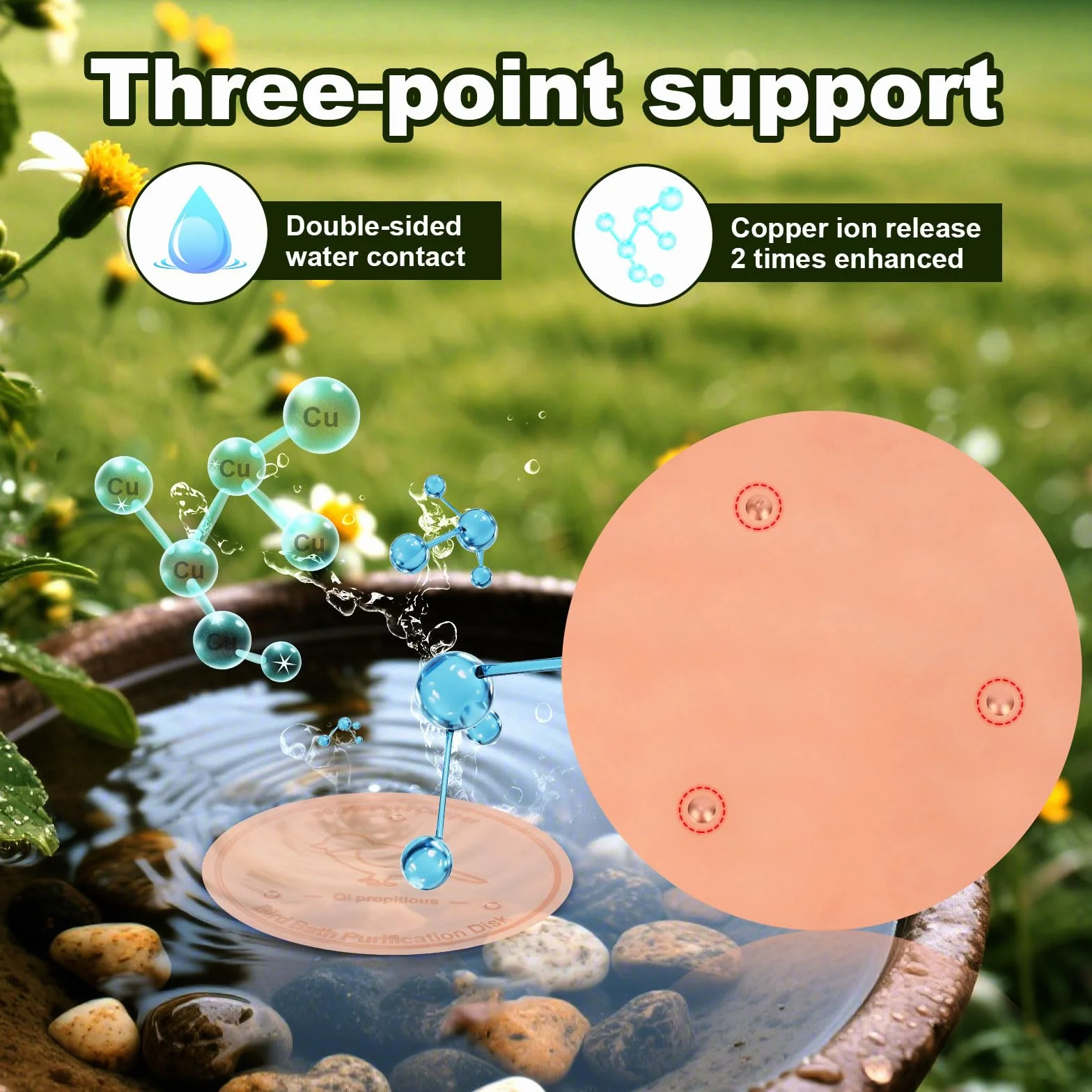 BOXOB Disque Cuivre Bain d'oiseaux 10cm Purification avec Support Triple Point Purificateur Eau Extérieur