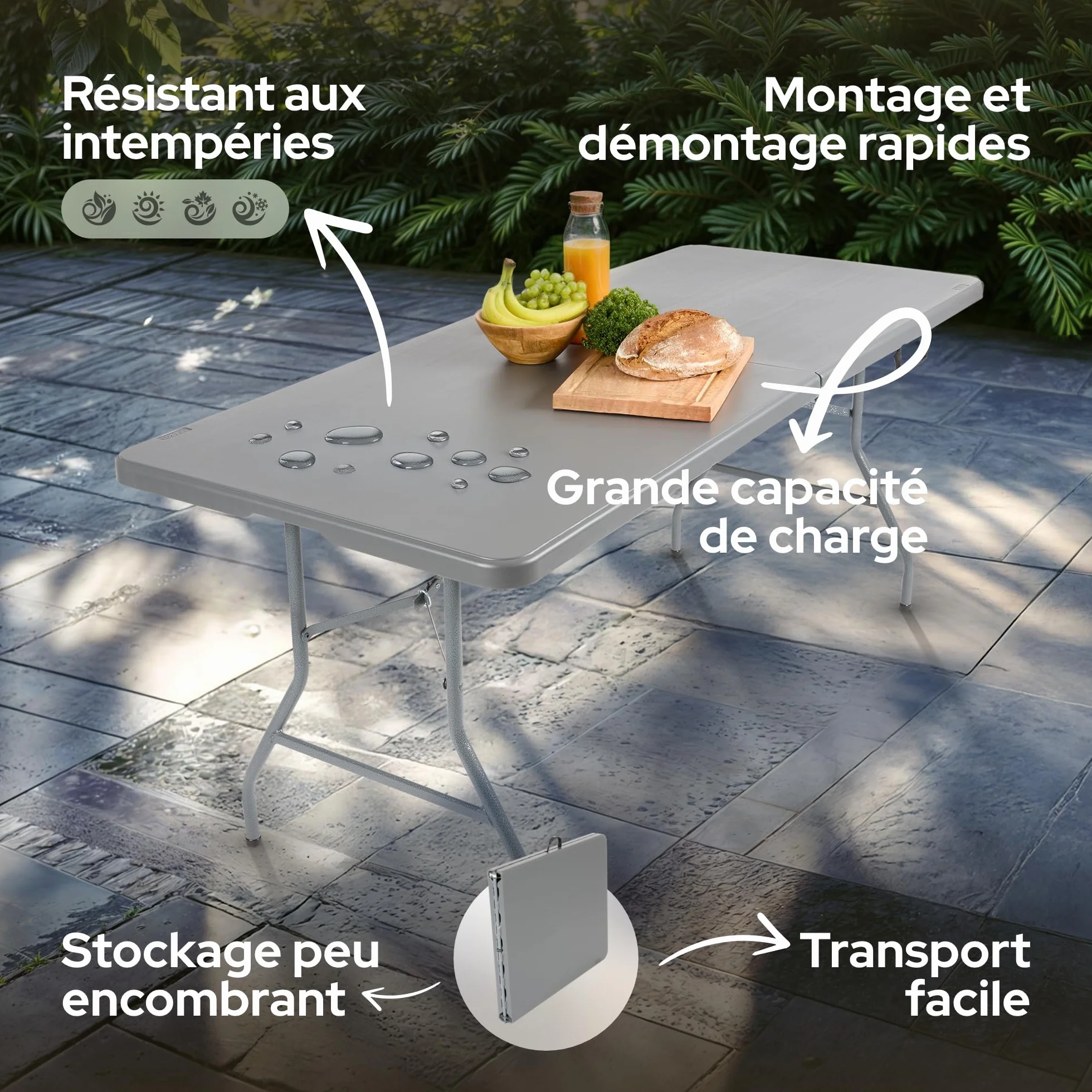 AREBOS Table de Buffet Pliable 182 x 74 x 74 cm Résistante aux intempéries Anthracite pour 8 Personnes