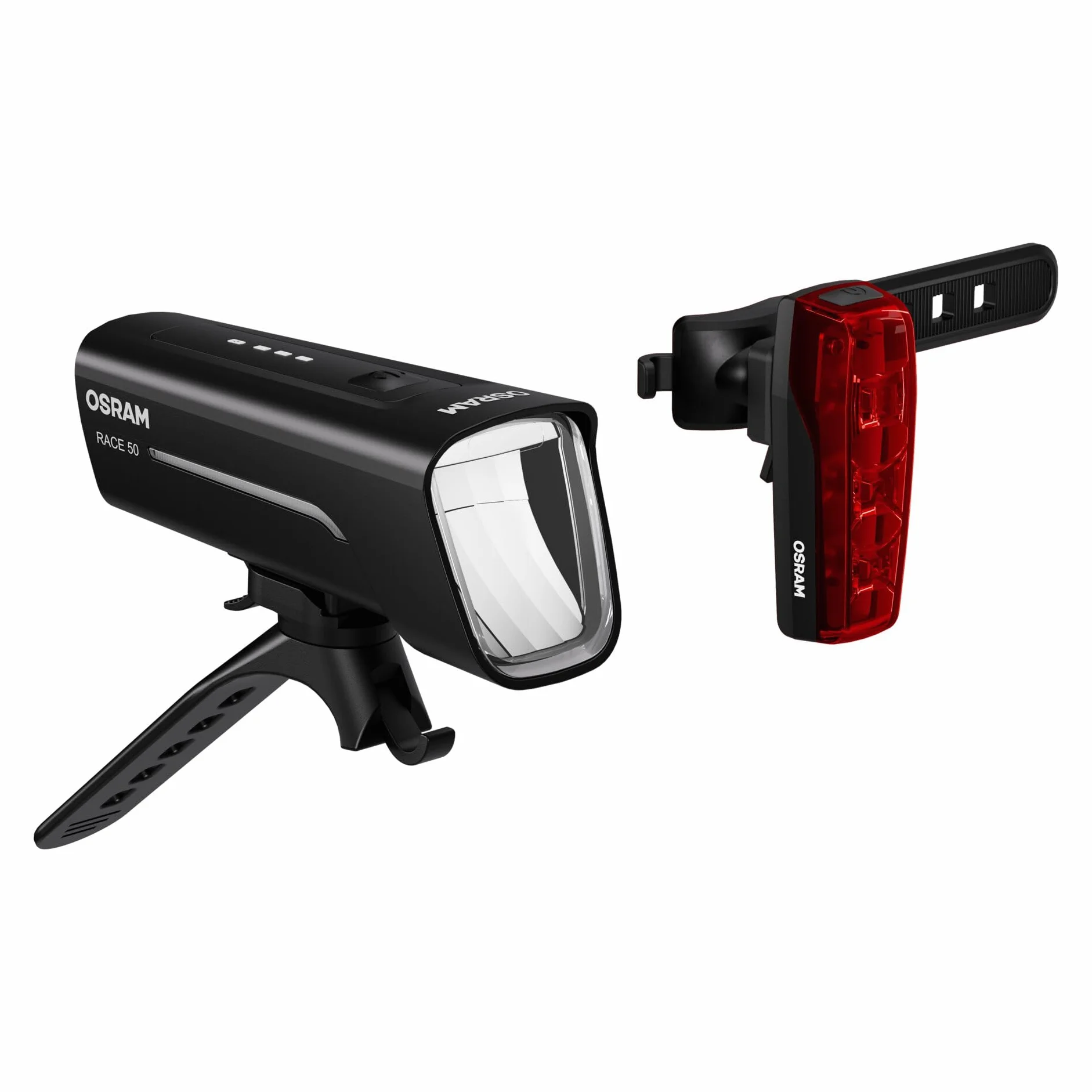 Osram LEDsBIKE Race 50 Set, Jeu d'éclairage de vélo Rechargeable, Jeu d'éclairage LED Avant et arrière, Trois Niveaux de luminosité, 50 lux, Homologué StVZO