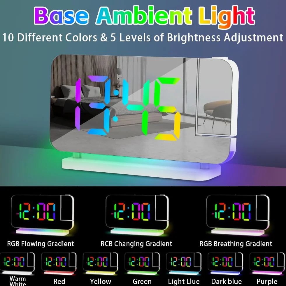 Réveil à Projection LED avec Charge USB, Rotation 180°, 11 Couleurs RVB & 10 Couleurs Veilleuse pour Chambre, Bureau (Blanc)