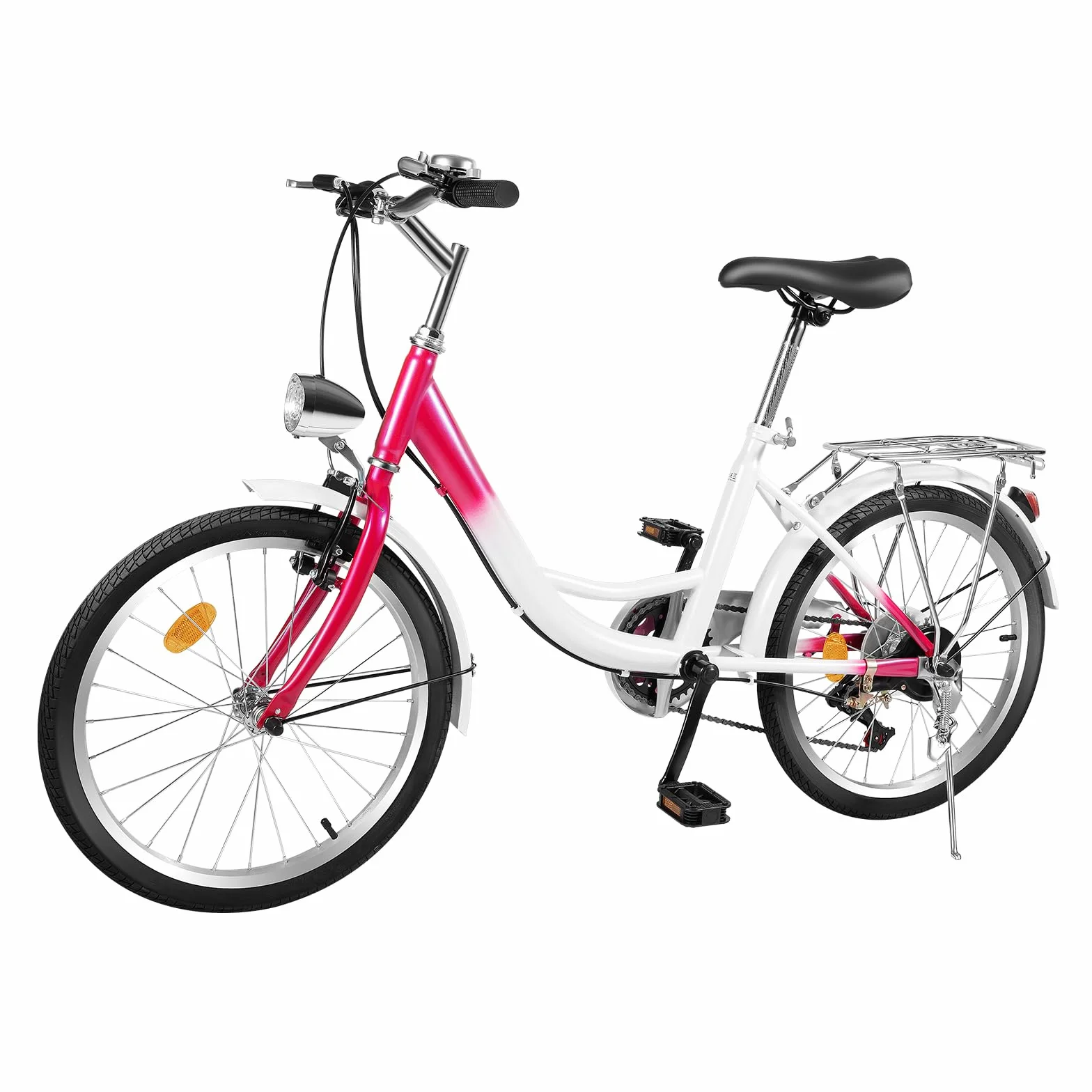 Vélo de ville de 20 ", 6 vitesses avec lampe LED, vélo rose pour adolescent, frein en V et frein à tambour, hauteur réglable