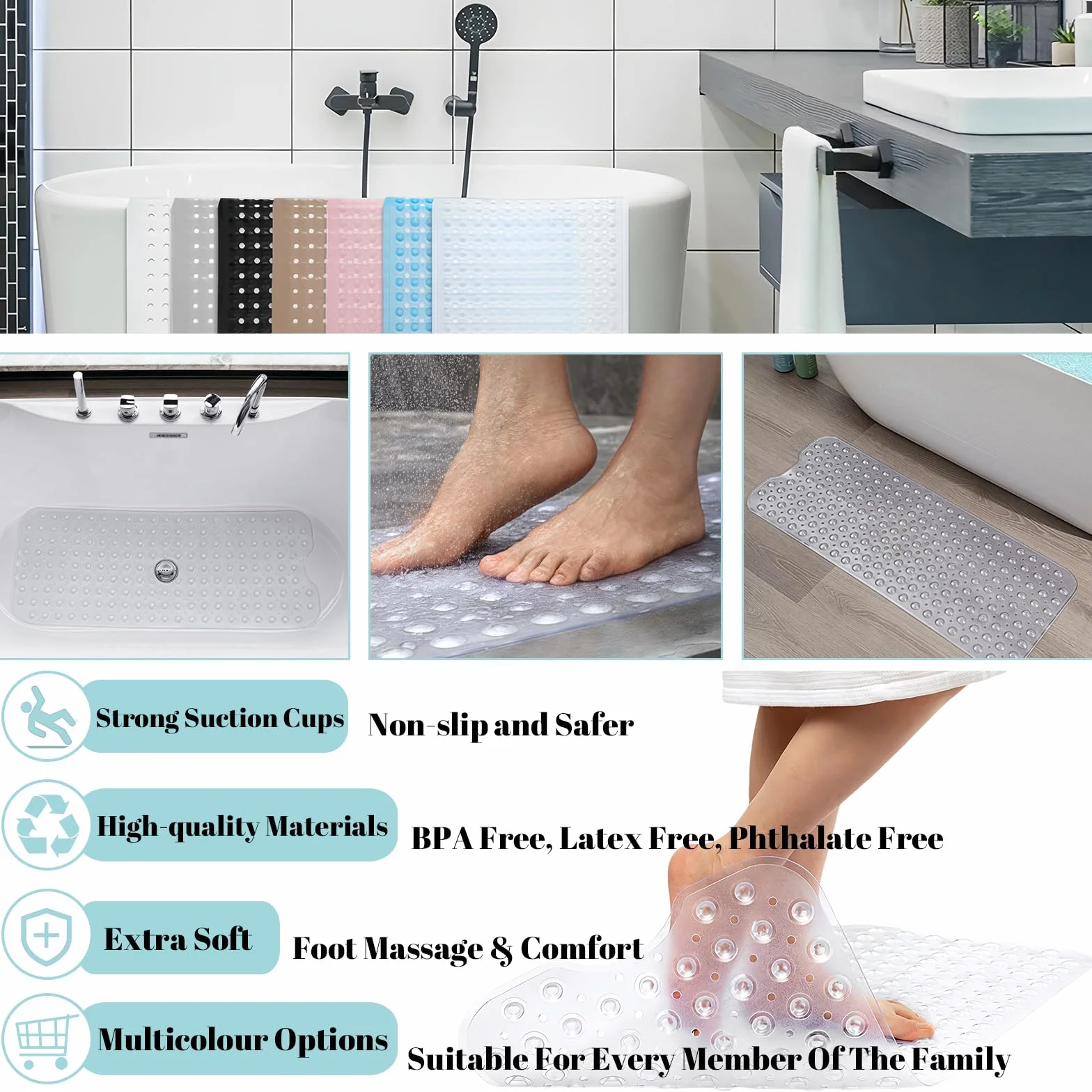 Tapis de Douche Antimoisissure 100x40cm Gris Antidérapant avec Ventouses