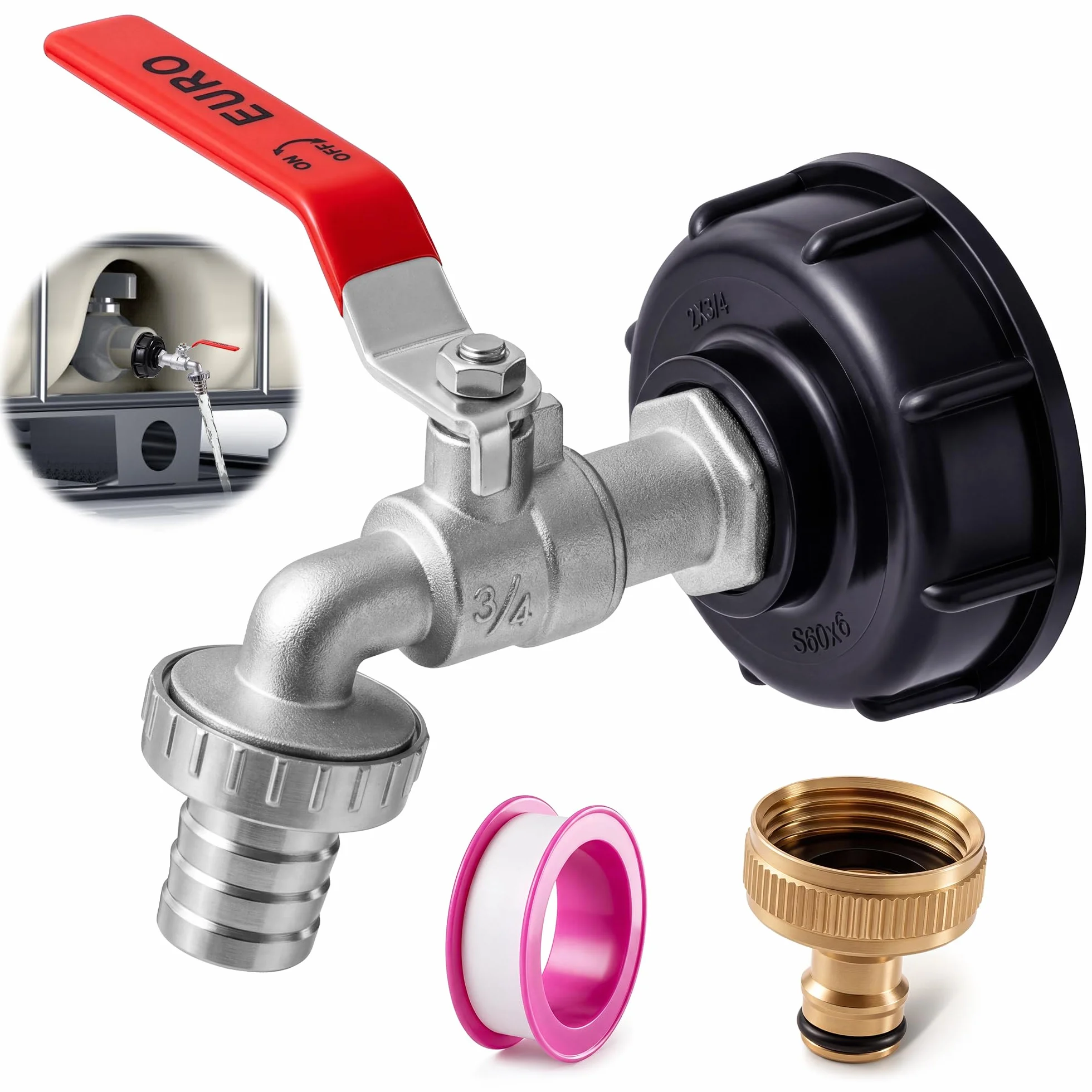 Robinet Cuve 1000L 3/4" Adaptateur Réservoir Alliage Aluminium Raccord Cuve 1000 Litres Robinet Jardin Laiton S60X6 IBC
