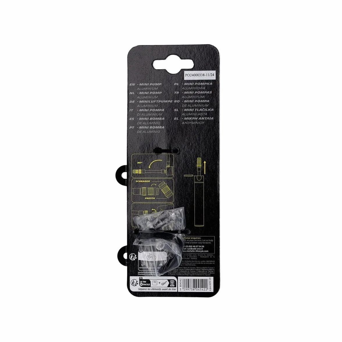 MICHELIN - Mini Pompe Aluminium Micro+ - Compatible Presta et Schrader - Ultra Légère 53g - Compacte 12,7 cm - Pression Max 8 Bars/120 PSI - Clip de Montage Inclus