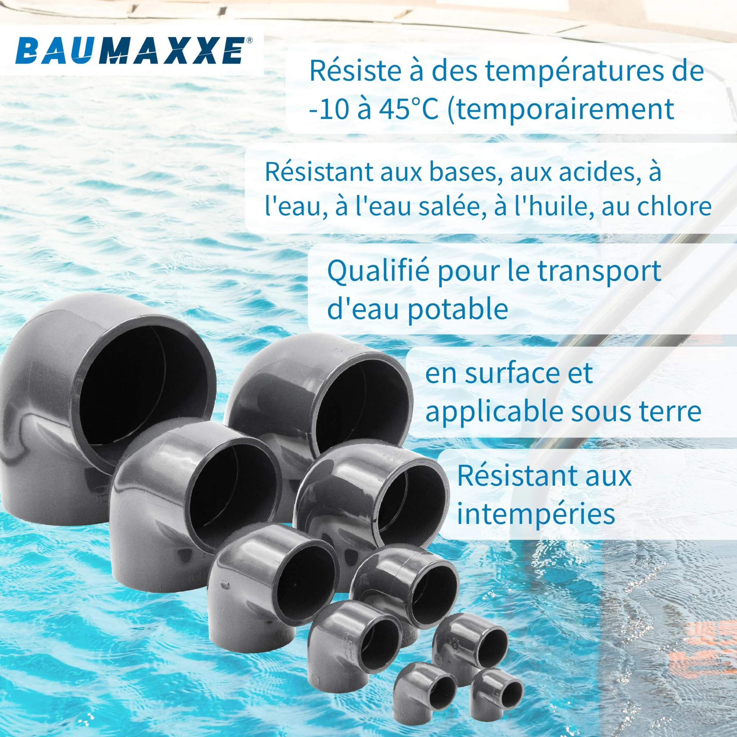 Raccord coudé PVC 90° à coller Double manchon 63 mm PVC-U PN16 Raccord plomberie piscine irrigation