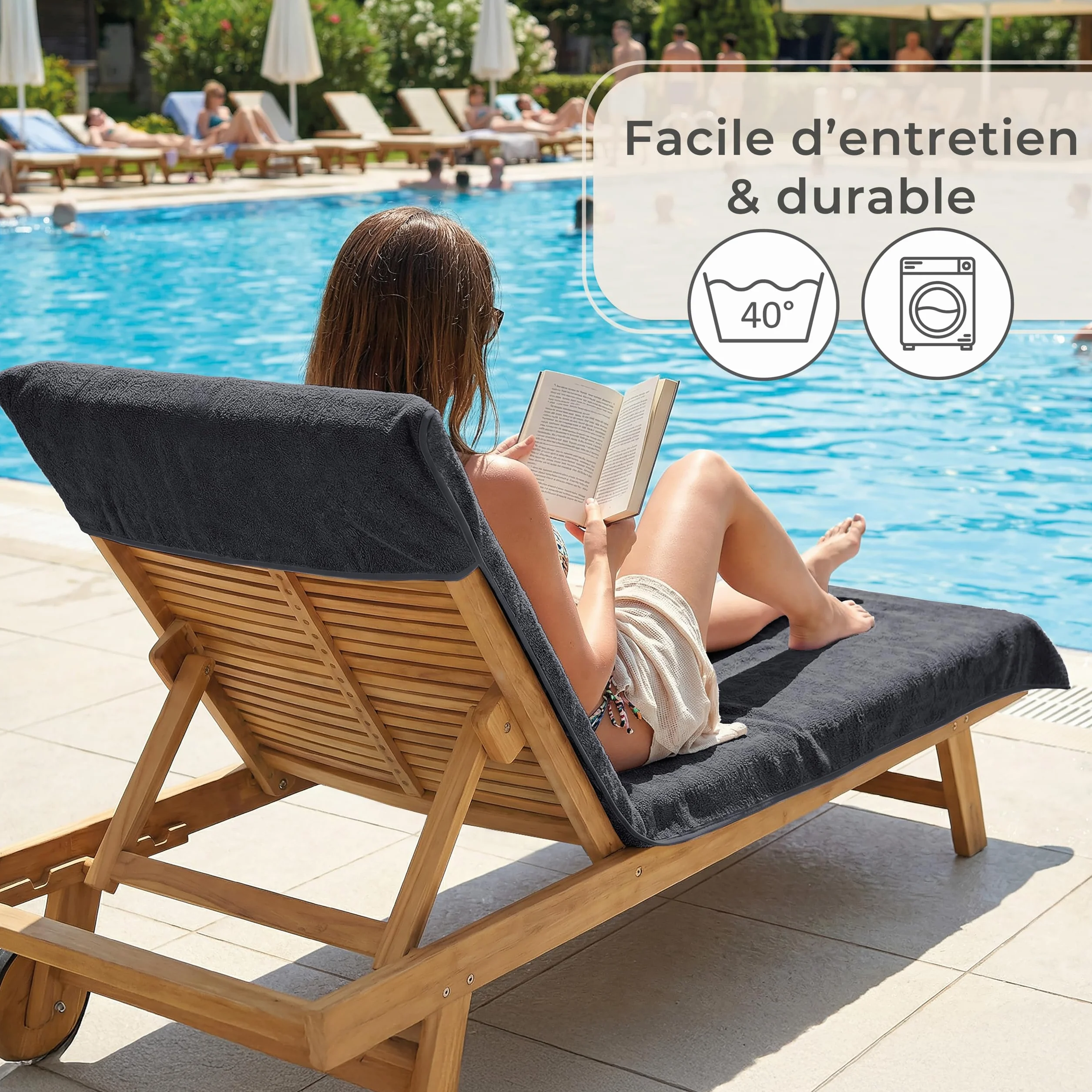 Housse de Protection pour Chaise Longue de Jardin LAYNENBURG - 100% Coton Oeko-TEX - Housse de Serviette en éponge (75x200 cm Anthracite)