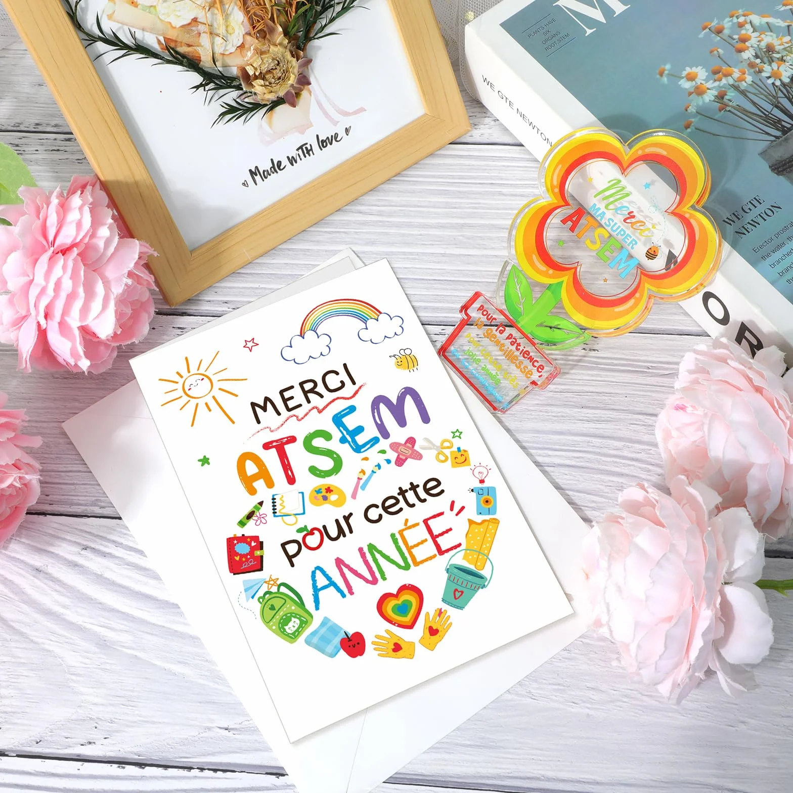 Plaque Acrylique Cadeau Atsem Maternelle Fin d'Année Merci Décoration Fleur