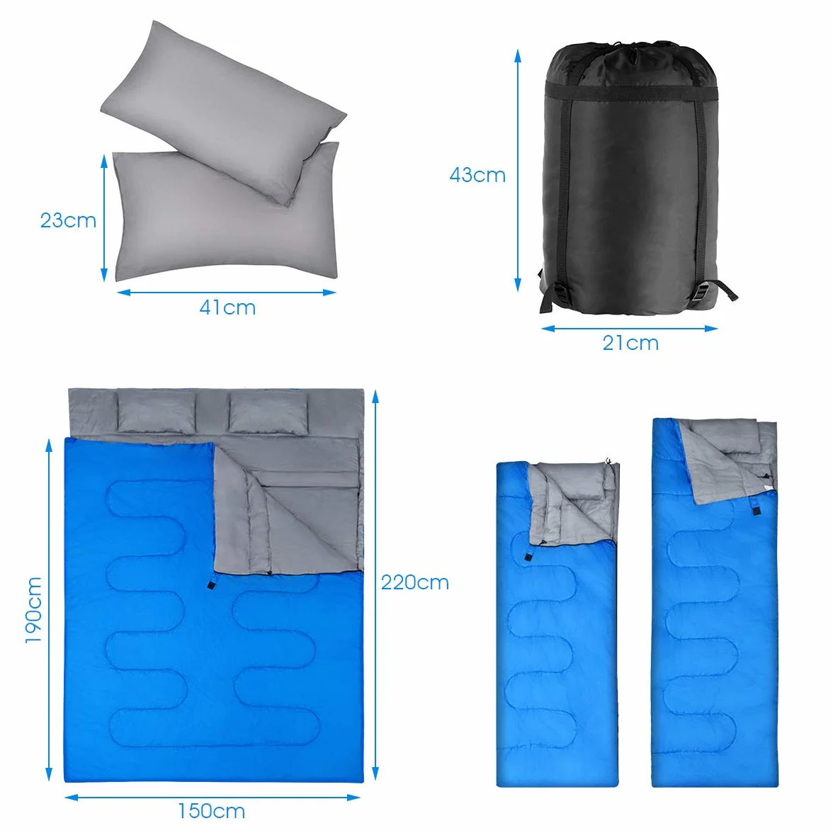 GYMAX Sac de Couchage Adulte 220 x 150 cm, Séparable pour 2 Personnes avec Oreillers, 2 Modes d'Utilisation, Pratique avec Fermetures Éclairs, Design Léger et Étanche, pour Camping, Randonnée