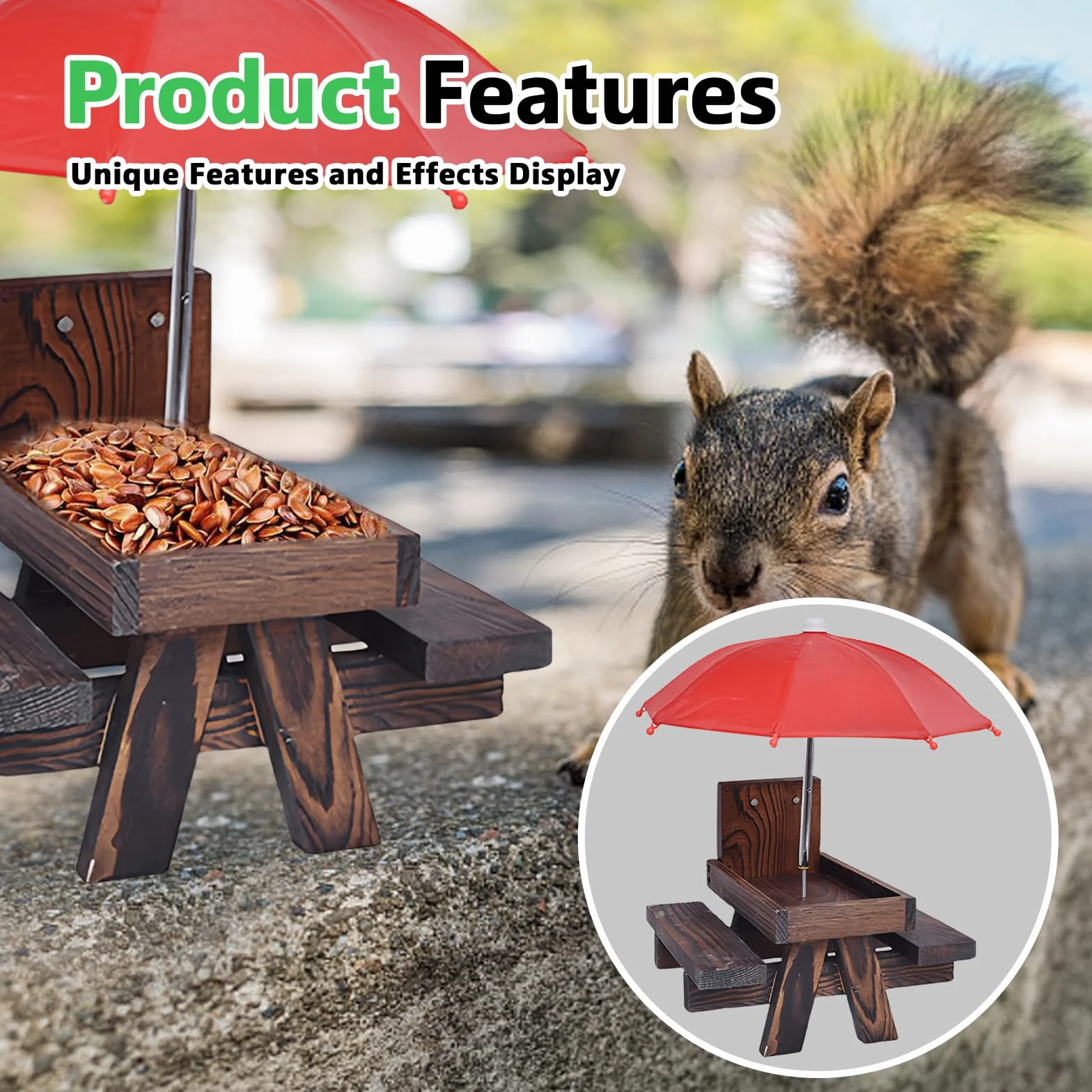 Mangeoire pour écureuils Table de pique-nique en bois résistante aux intempéries avec parapluie et support à maïs