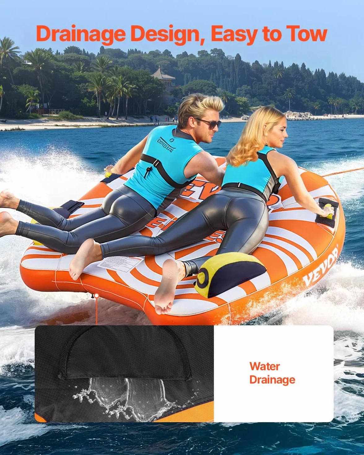 VEVOR Bouée Tractée Gonflable pour Tubing Bateaux, Bouée de Jeux Aquatiques pour 1-2 Passagers, Capacité de Charge de 154 kg, avec Ailerons, Housse en Nylon à Double Couture et Poignées Rembourrées