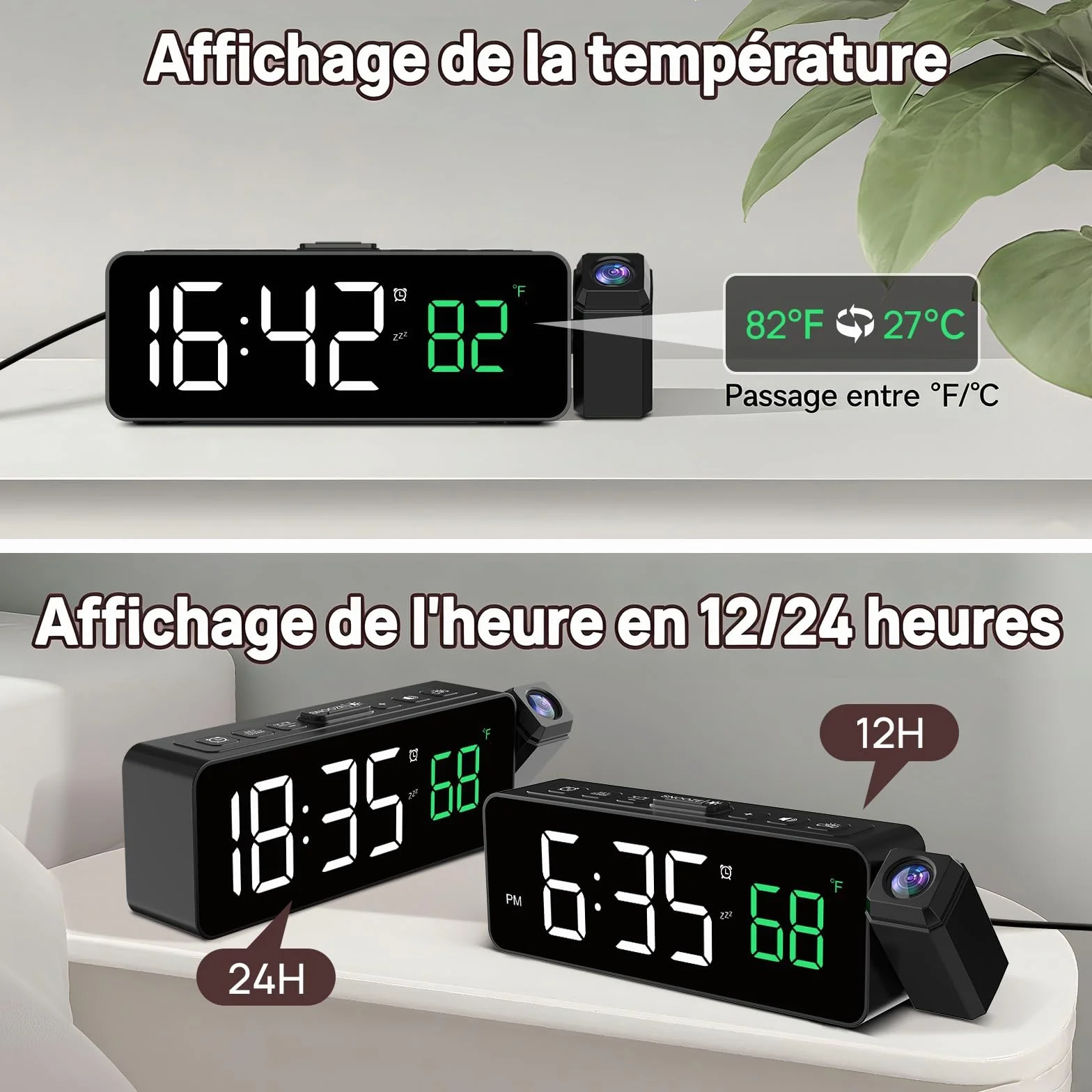 Réveil numérique avec projecteur 180°, température, écran LED, 4 niveaux luminosité, snooze 9 min, 12/24H, Blanc