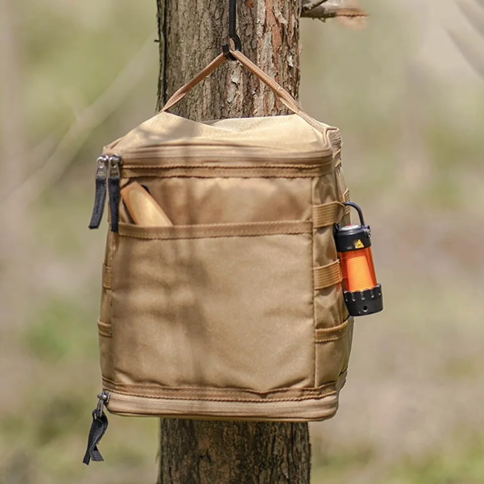 Sac de camping en tissu Oxford, sac de rangement de grande capacité pour lampe d'extérieur, réchaud à gaz, sac de transport (kaki)