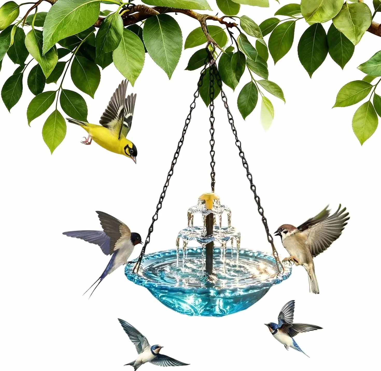 Fontaine Solaire Suspendue pour Oiseaux, Cascade à Énergie Solaire, Bain d’Oiseaux Extérieur Décoratif