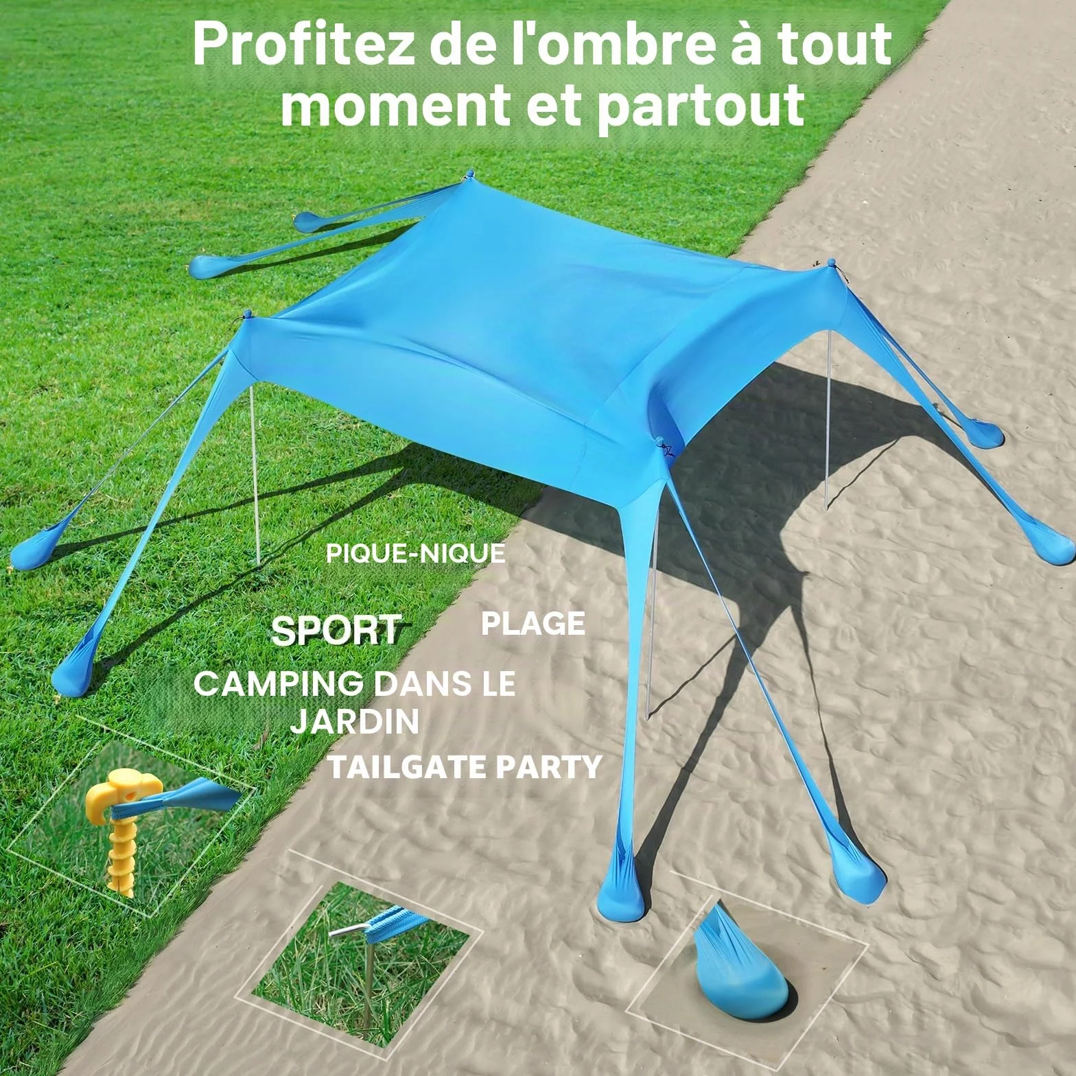 Rhino Valley UPF50+ Tente de Plage, Tente de Jardin Anti-Soleil avec 8 Sacs de Sable à Insertion, Abris de Plage Extérieurs avec 4 Poteaux de Support pour Pique-Niques