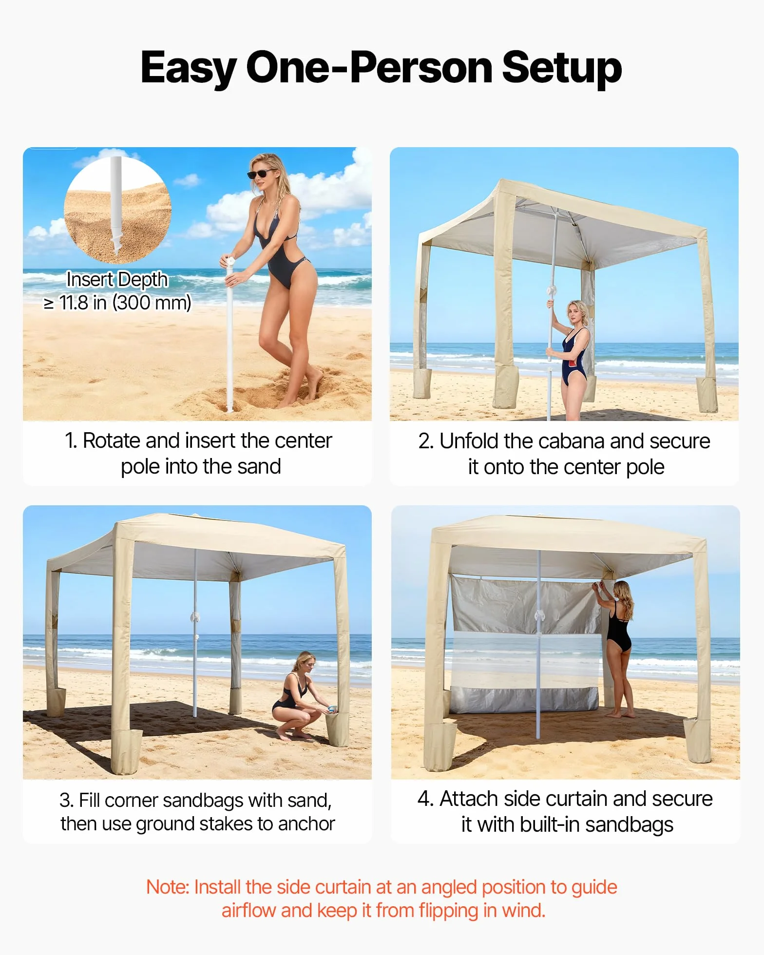 VEVOR Tonnelle de Plage 2,4 x 2,4 m, Abri de Plage avec Parois Latérales et Poches à Sable, Tente Portable pour Camping Extérieur, Protection UPF 50+, Hauteur Réglable, Espace Ombragé Spacieux, Kaki