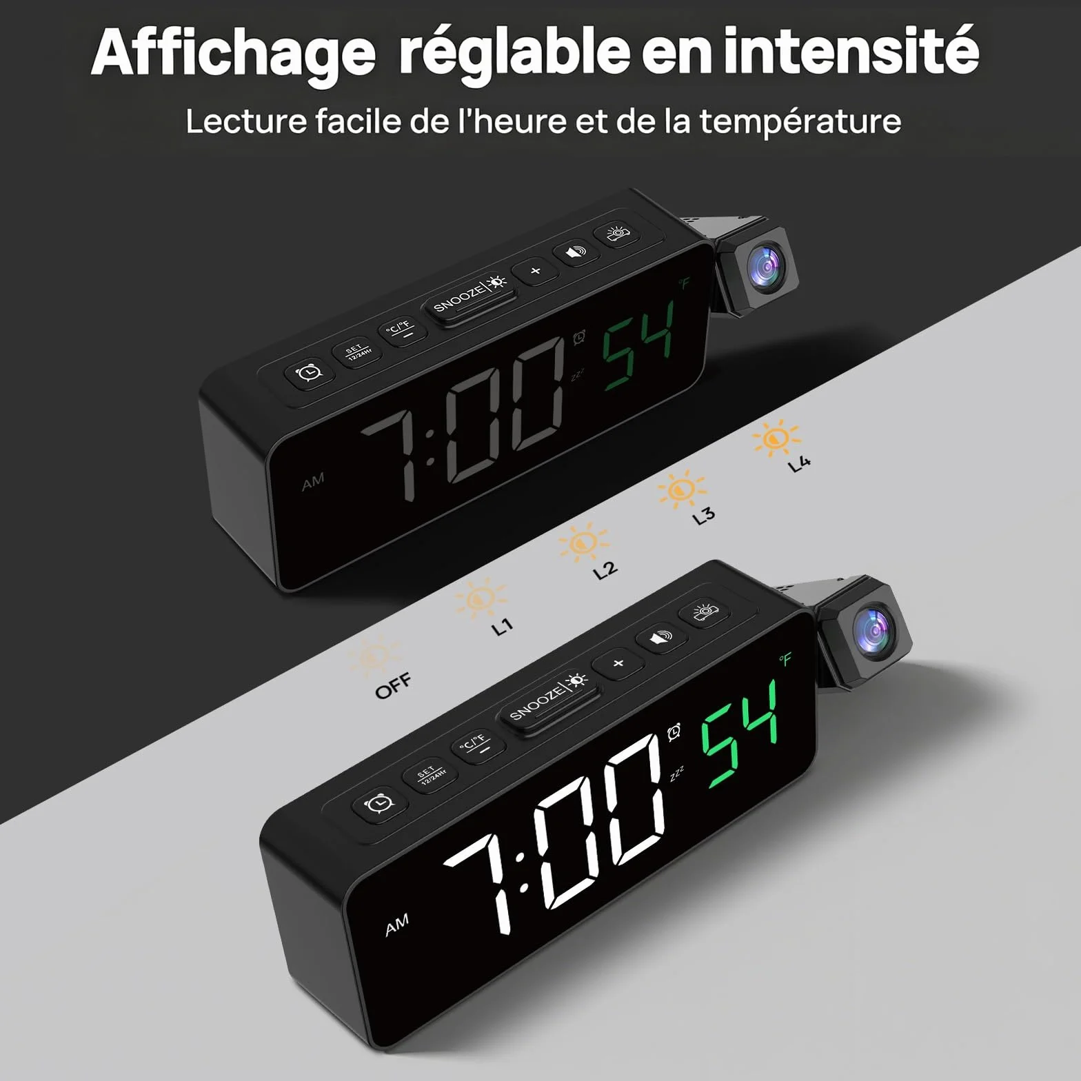 Réveil numérique avec projecteur 180°, température, écran LED, 4 niveaux luminosité, snooze 9 min, 12/24H, Blanc