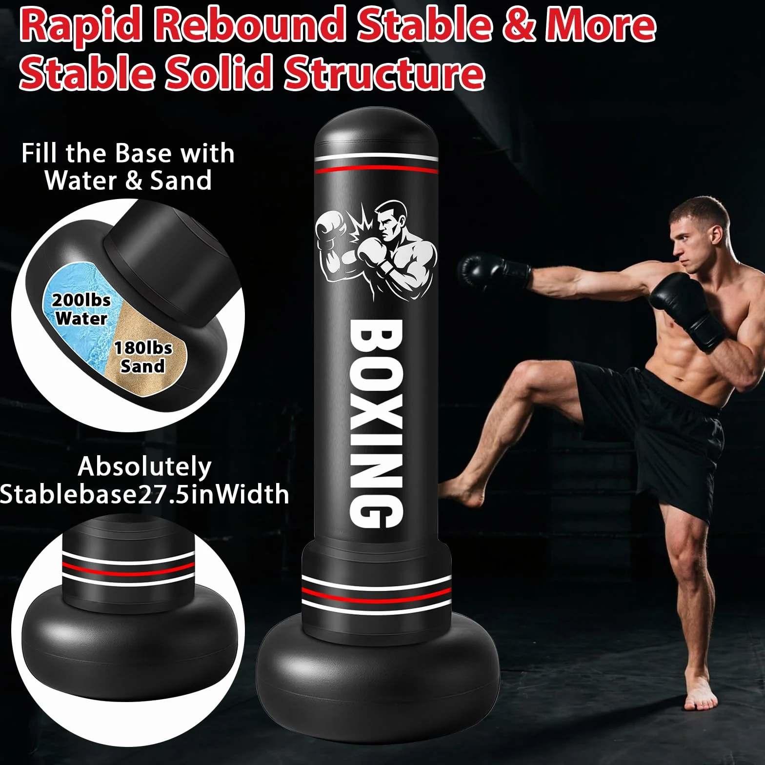 Sac de Frappe Adultes, 190cm Gonflable Punching Ball avec Gants Pompe à Air, Sac de Boxe sur Pied Enfants pour MMA Karaté Fitness Equipement de Boxe Idéal Cadeau Femmes et Hommes