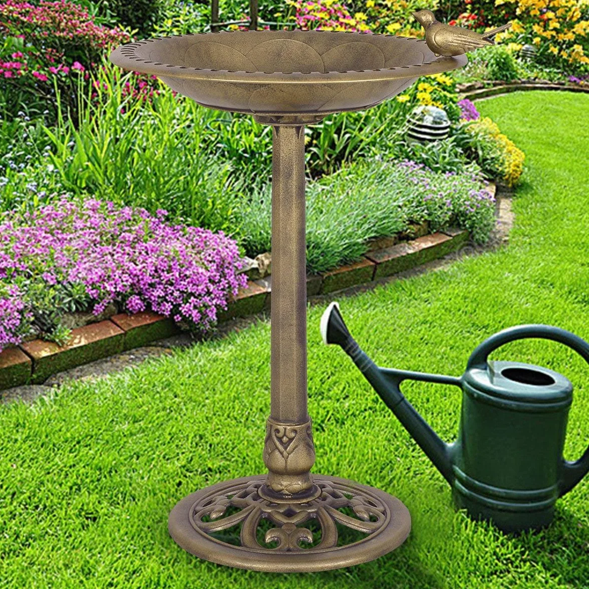 GYMAX Abreuvoir Oiseaux Exterieur sur Pied, Bain Oiseaux Sauvage Hauteur 70cm, Mangeoire Style Antique, Plateau Diamètre 50cm, PP, Cuivre