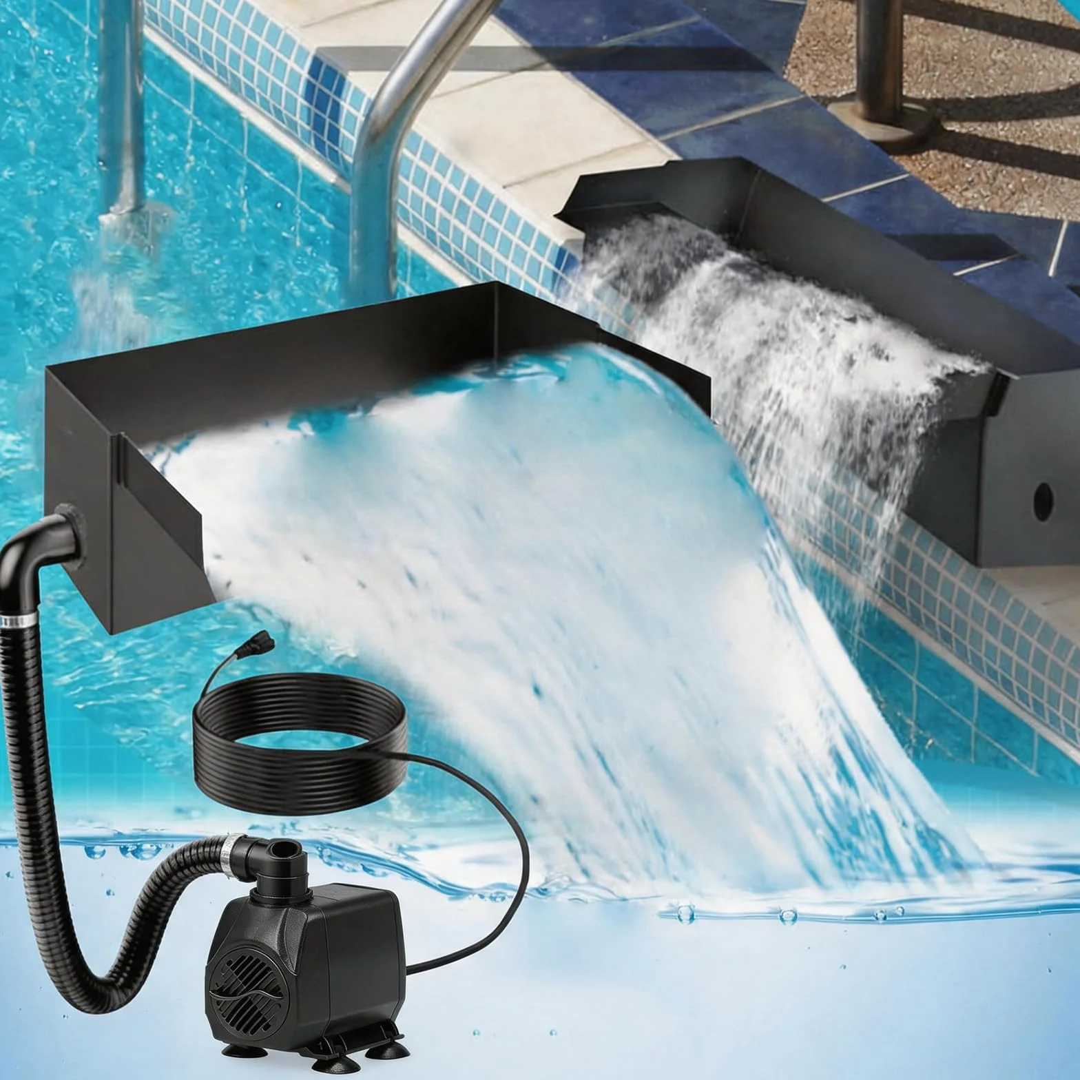 Cascade pour Bassin de Jardin 30 cm Acier Inoxydable Fontaine 45W 3000 L/H