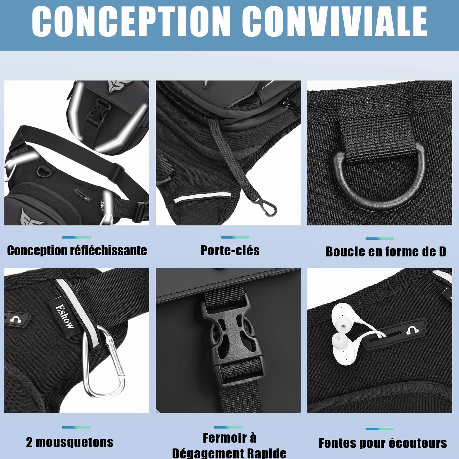 Eshow Sacoche de Jambe Moto Capacité Extensible,Sac Banane Homme Femme Bande Réfléchissante, Ceinture Réglable, 4 Mousquetons Randonnée Outdoor