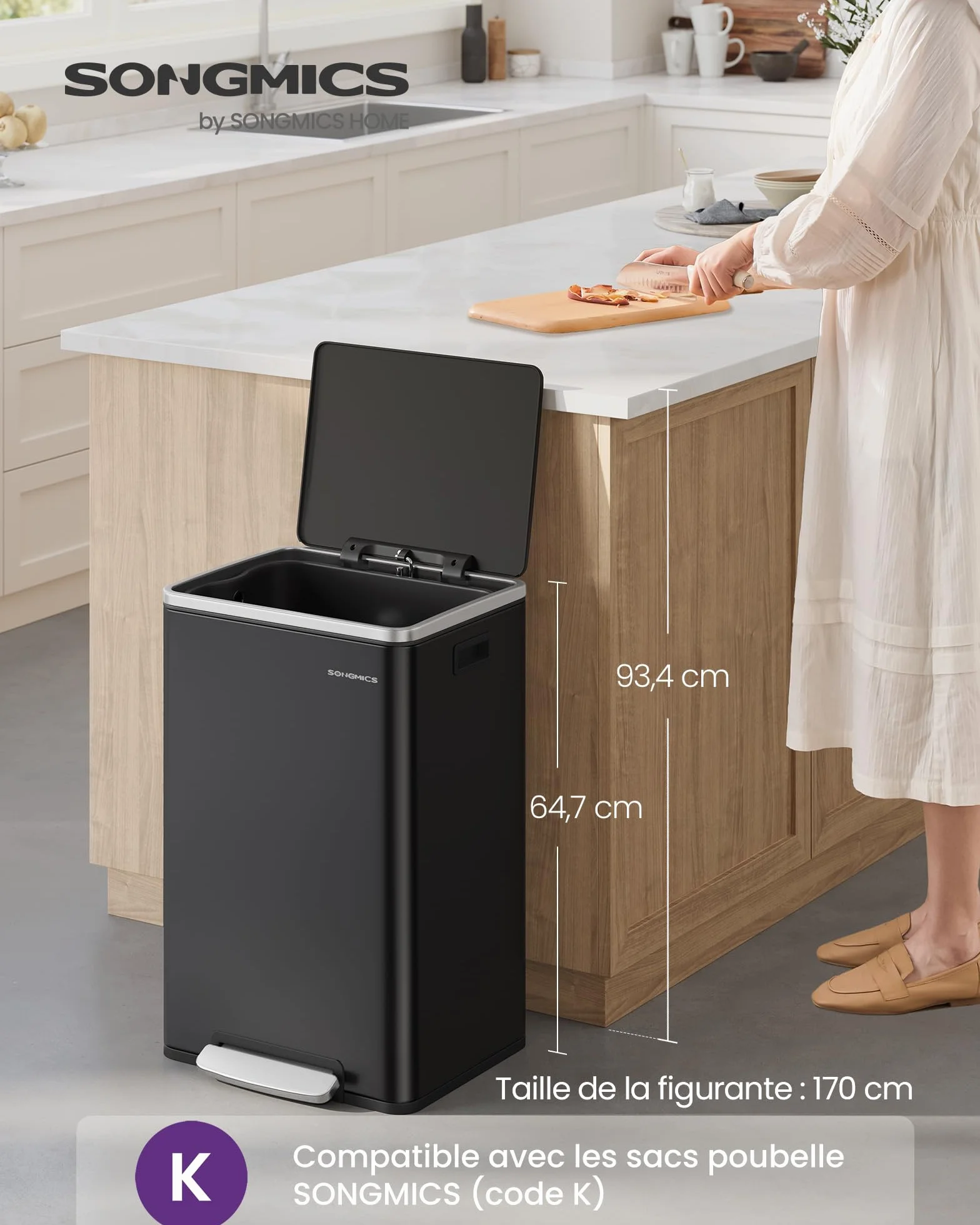 SONGMICS Poubelle de Cuisine 50 L Acier Noir d'Encre LTB595B02
