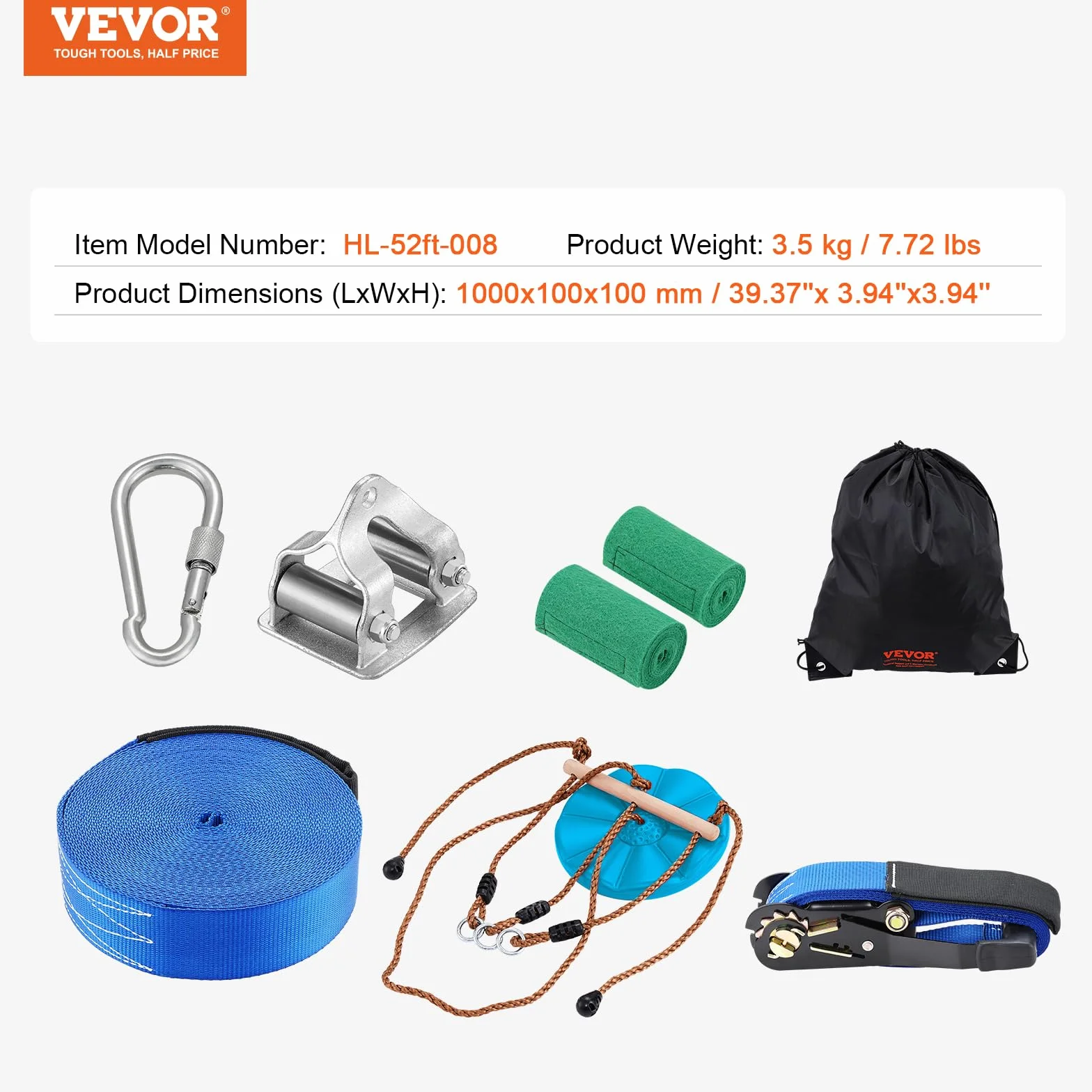 VEVOR Tyrolienne pour Enfants et Adultes 15,8 m, Kit de Tyrolienne Complet Charge 227 kg, Configuration Facile, avec Harnais de Sécurité en Nylon, Siège et Guidon, pour Jardin Arrière-Cour Extérieur