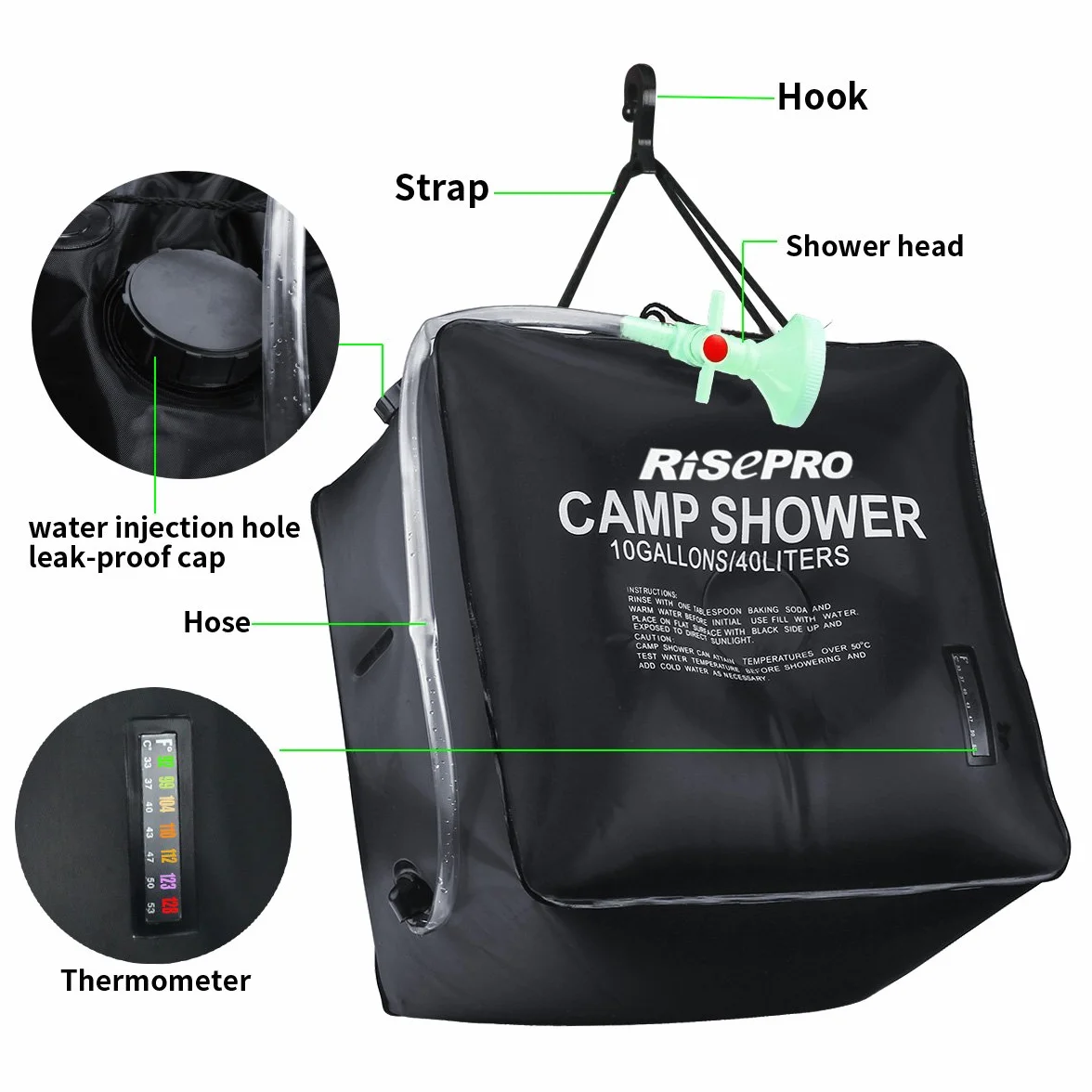 Sac de douche solaire 40 litres camping, température 45 °C randonnée, escalade