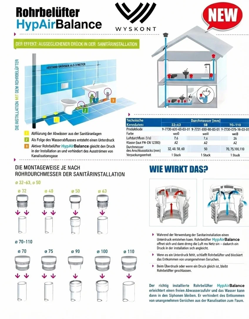Aérateur DN50 HypAir Balance Clapet Anti-Odeur pour Canalisation Anti-Gaz d’Égout Équilibrage de Pression Installation Sanitaire Norme EN 12380