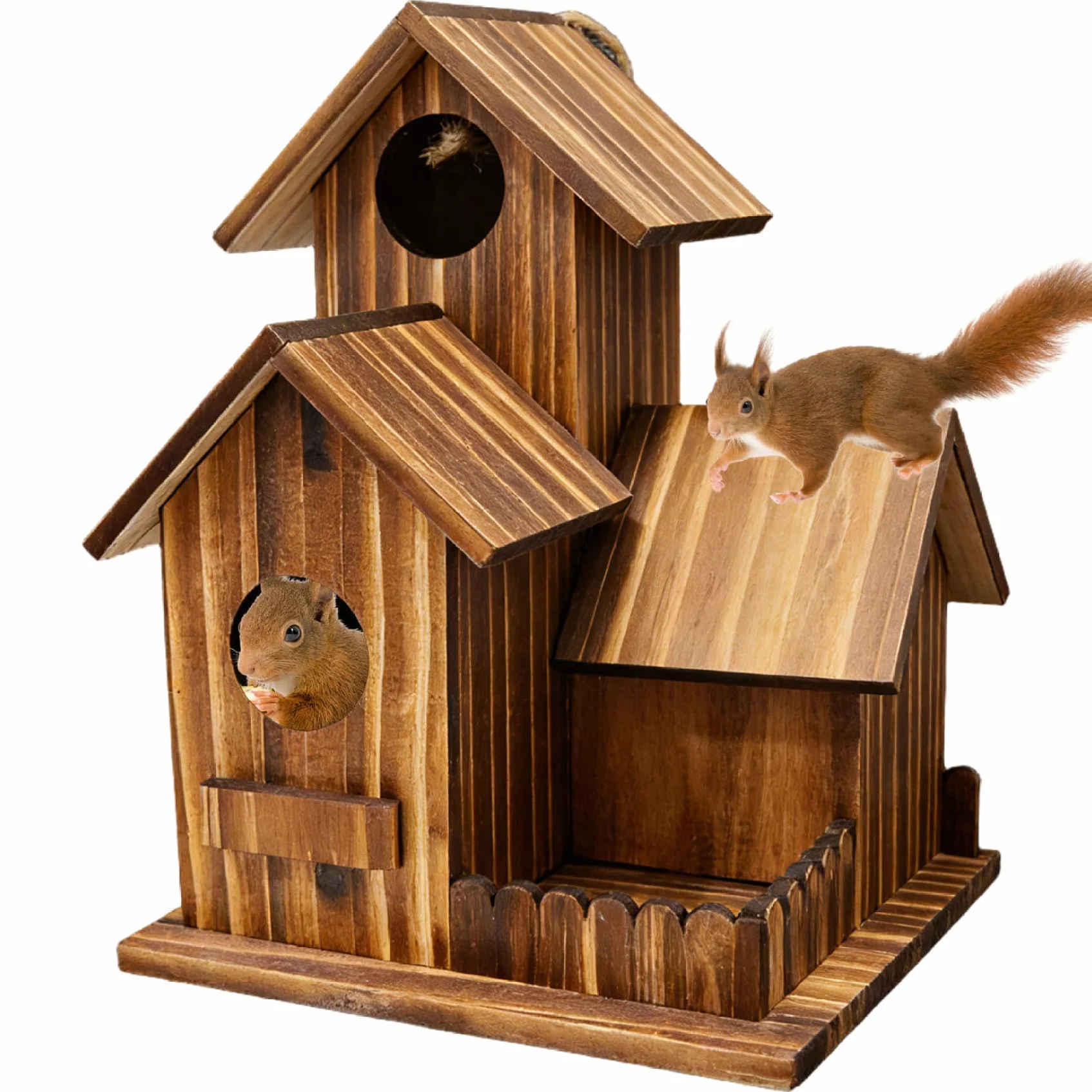 Mangeoire à écureuils en Bois brûlé avec Toit Flexible pour Jardin, Cour
