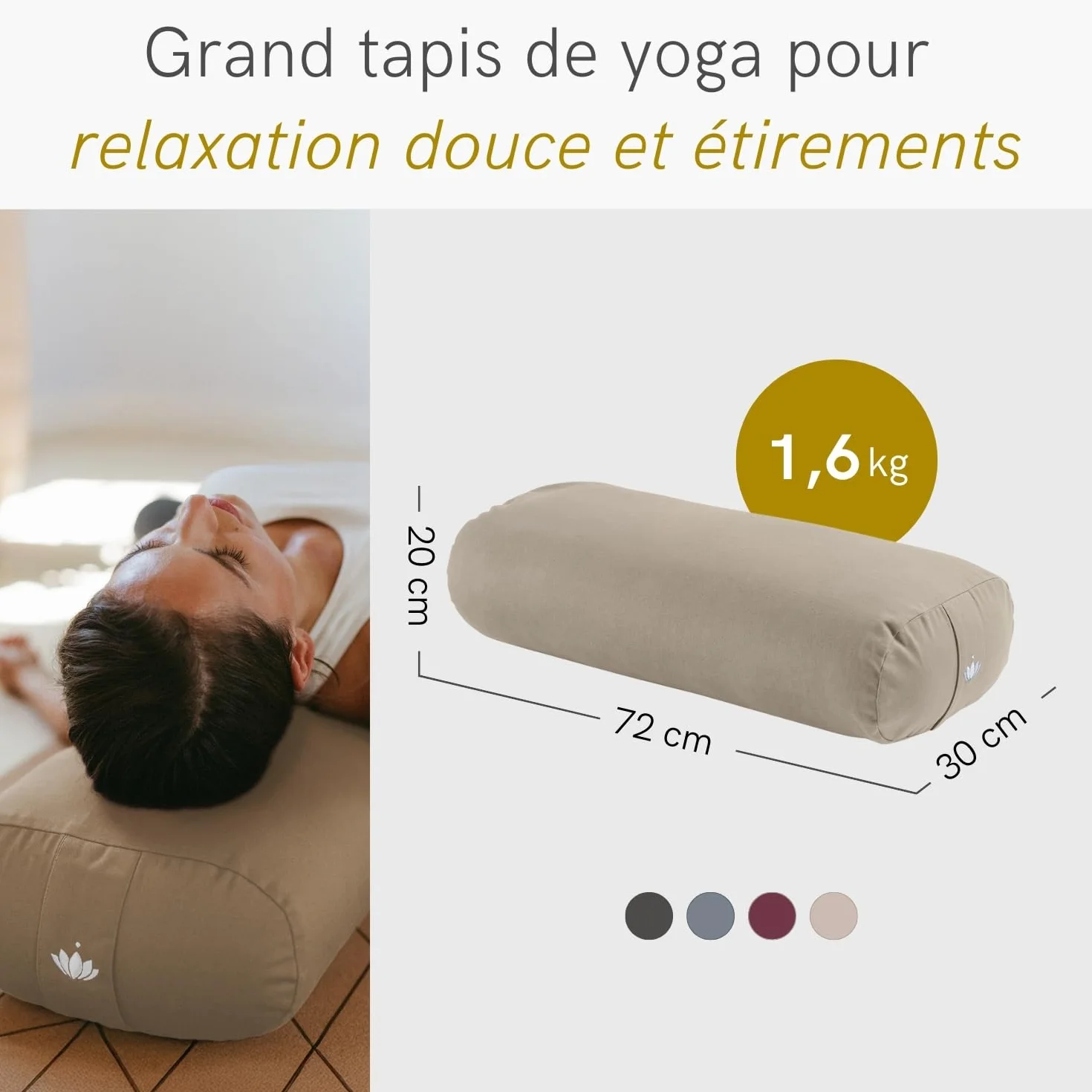 LOTUSCRAFTS Bolster de yoga pour Yin Yoga, rouleau, housse lavable en coton bio, coussin avec rembourrage en kapok, rouleau pilates, coussin de medidation