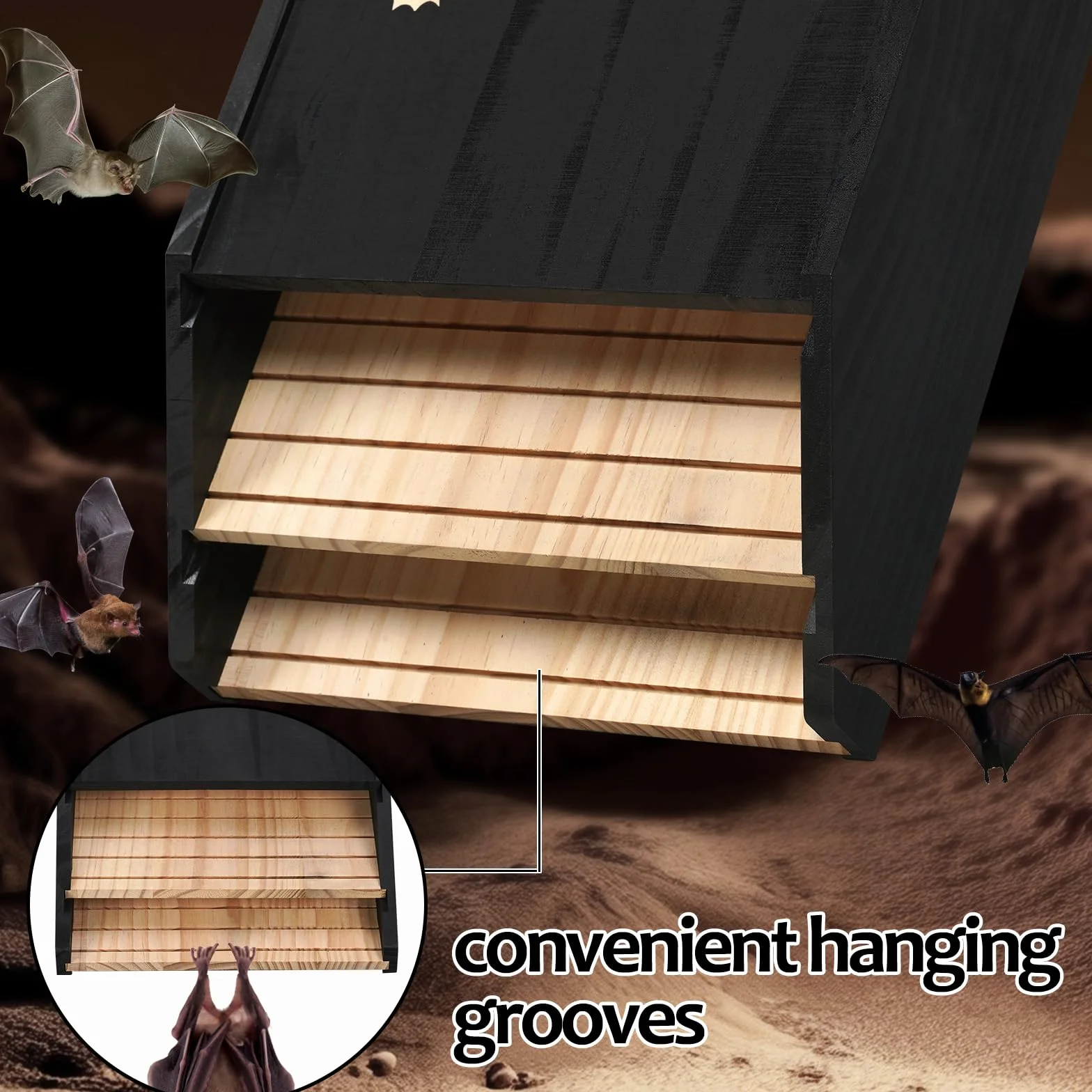 Nichoir pour chauve-souris en bois double chambre résistant aux intempéries noir