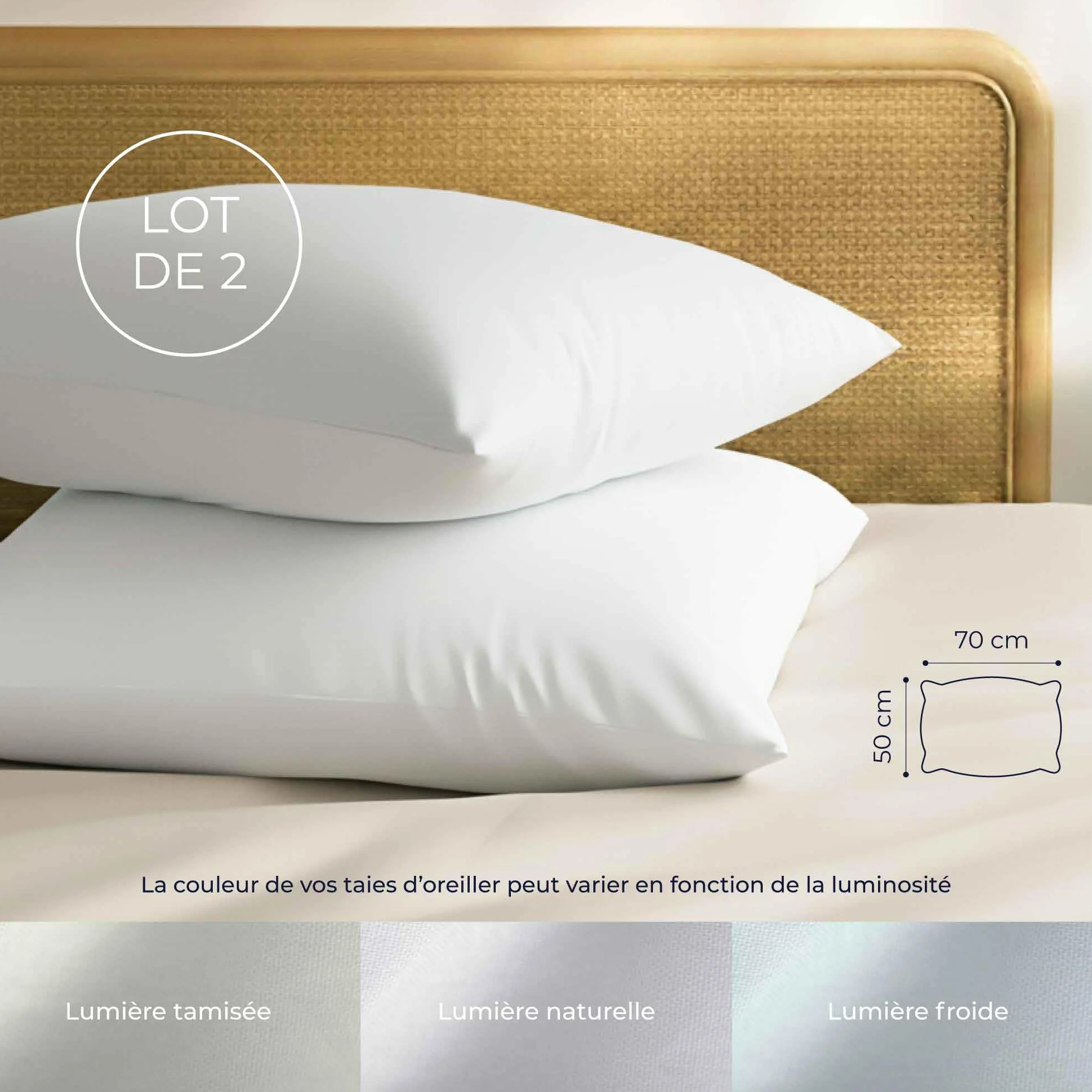 Taie Oreiller 50x70 Coton Renforcé Set de 2 Blanc 57 Fils/cm² Certifié Oeko Tex