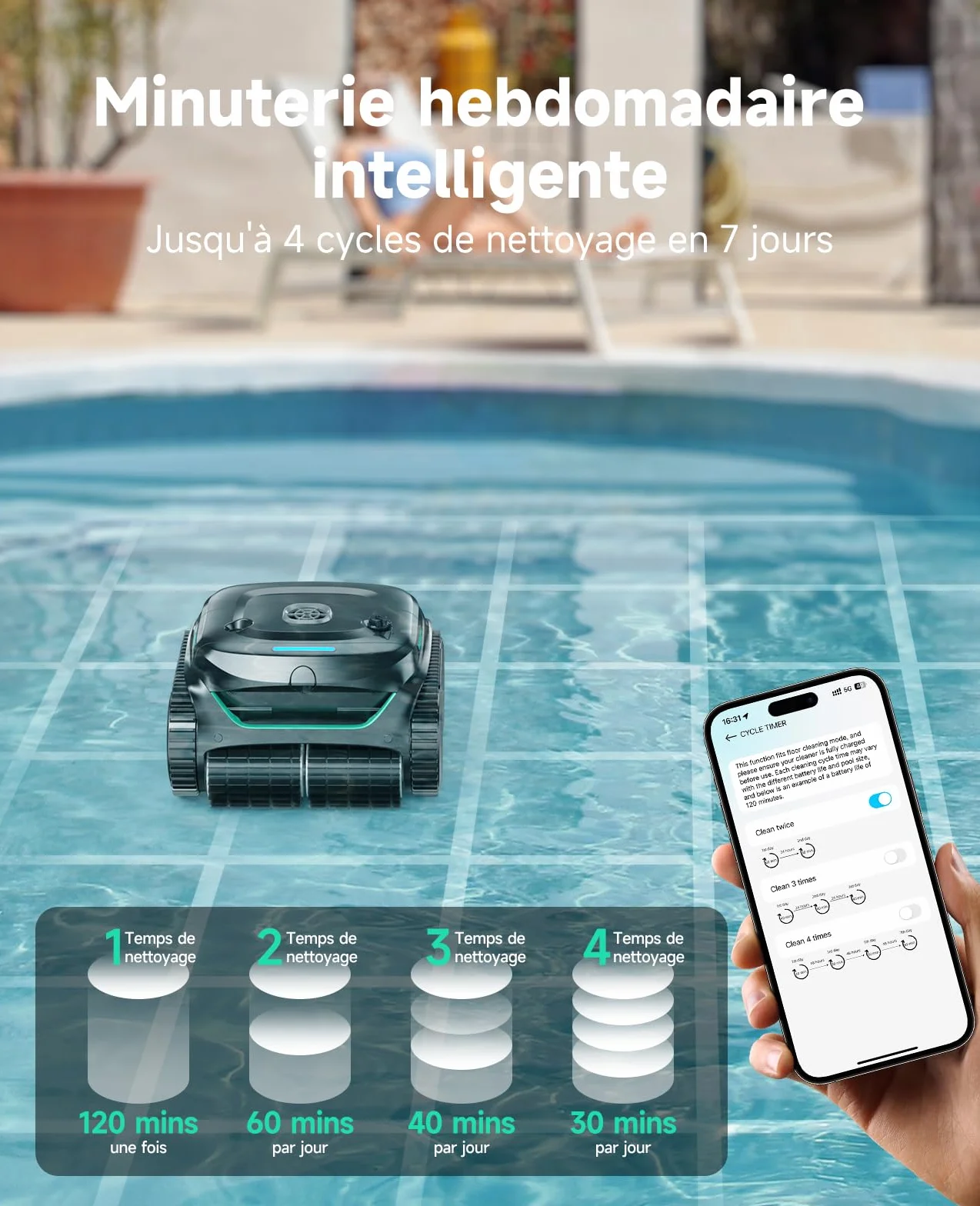 WYBOT C2 Robot Piscine sans Fil, Double Filtration, 3 Moteurs, Aspiration Puissante, 180 Min, pour Piscines Enterrées 150㎡
