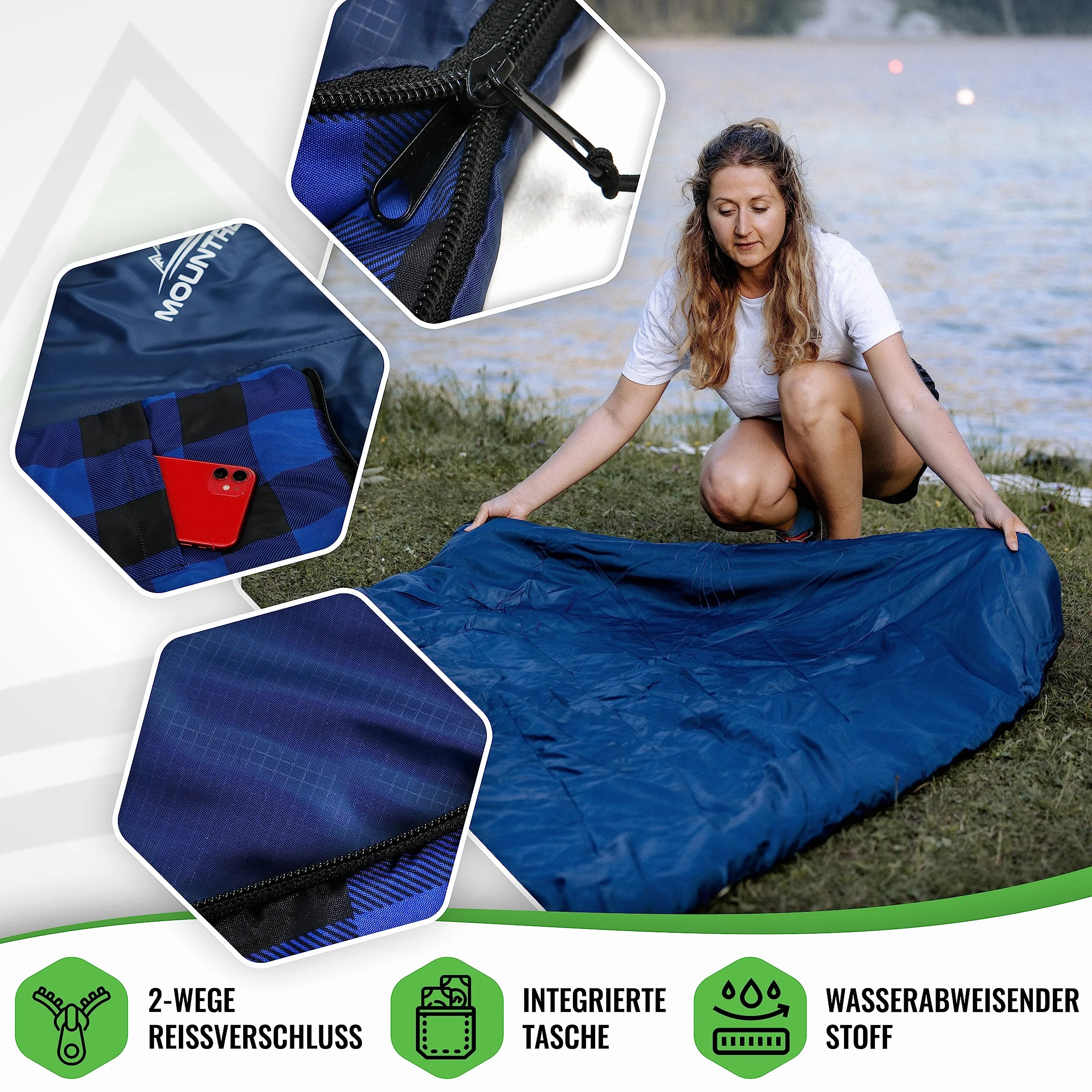 MOUNTREX Sac de Couchage Double d'Été XXL 210 x 150 cm Pour 2 Personnes Avec 2 Oreillers Camping Extérieur