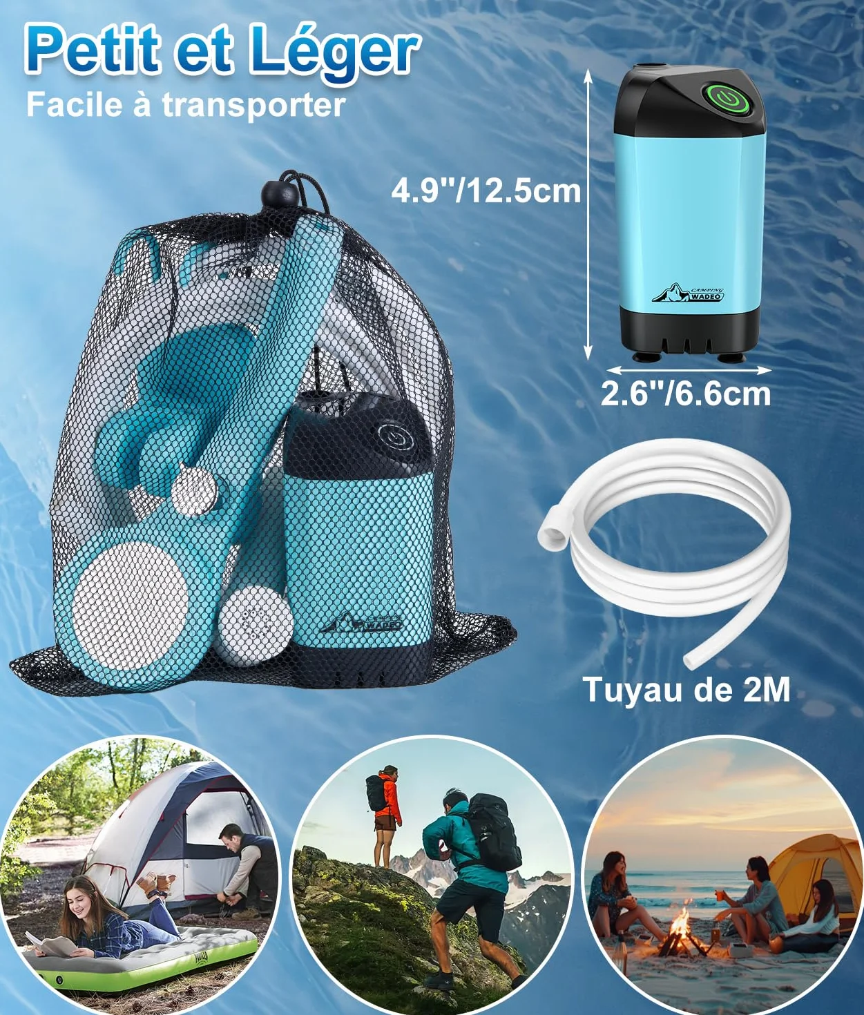 WADEO Kit Douche de Camping, Pompe de Douche Électrique Rechargeable, Pommeau de Douche avec Affichage Intelligent de Température et Pression d'eau Réglable