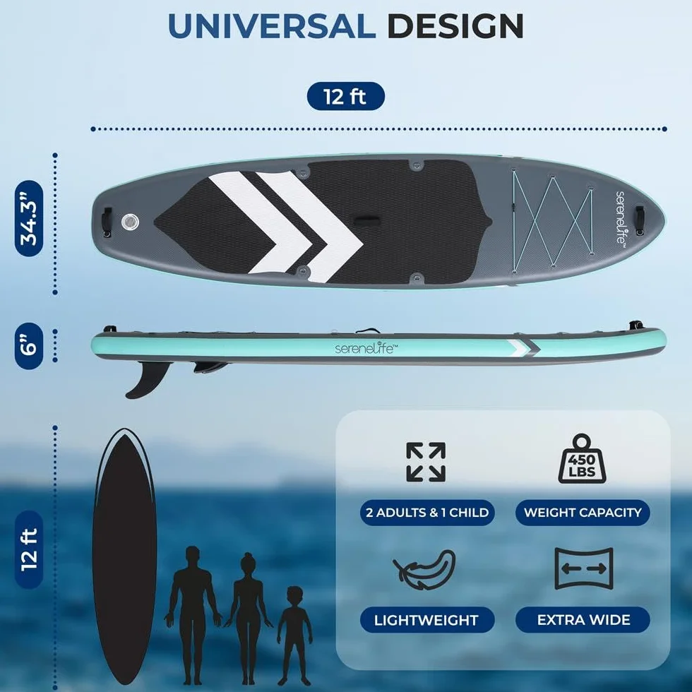 SereneLife Paddle Gonflable Adulte XL 350-370 cm – Stand Up Paddle Familial Stable pour 2 Adultes et 1 Enfant, Capacité 205 kg, Siège Inclus, Tapis EVA Antidérapant et Kit Complet
