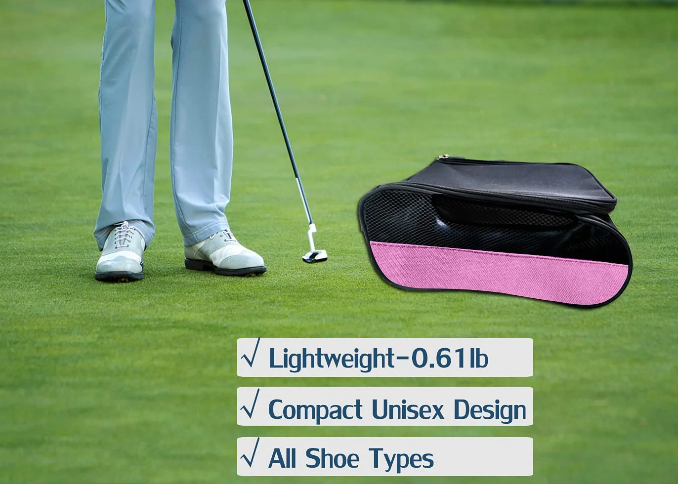 Sac à chaussures de golf homme/femme avec ventilation, sac de transport zippé rose clair