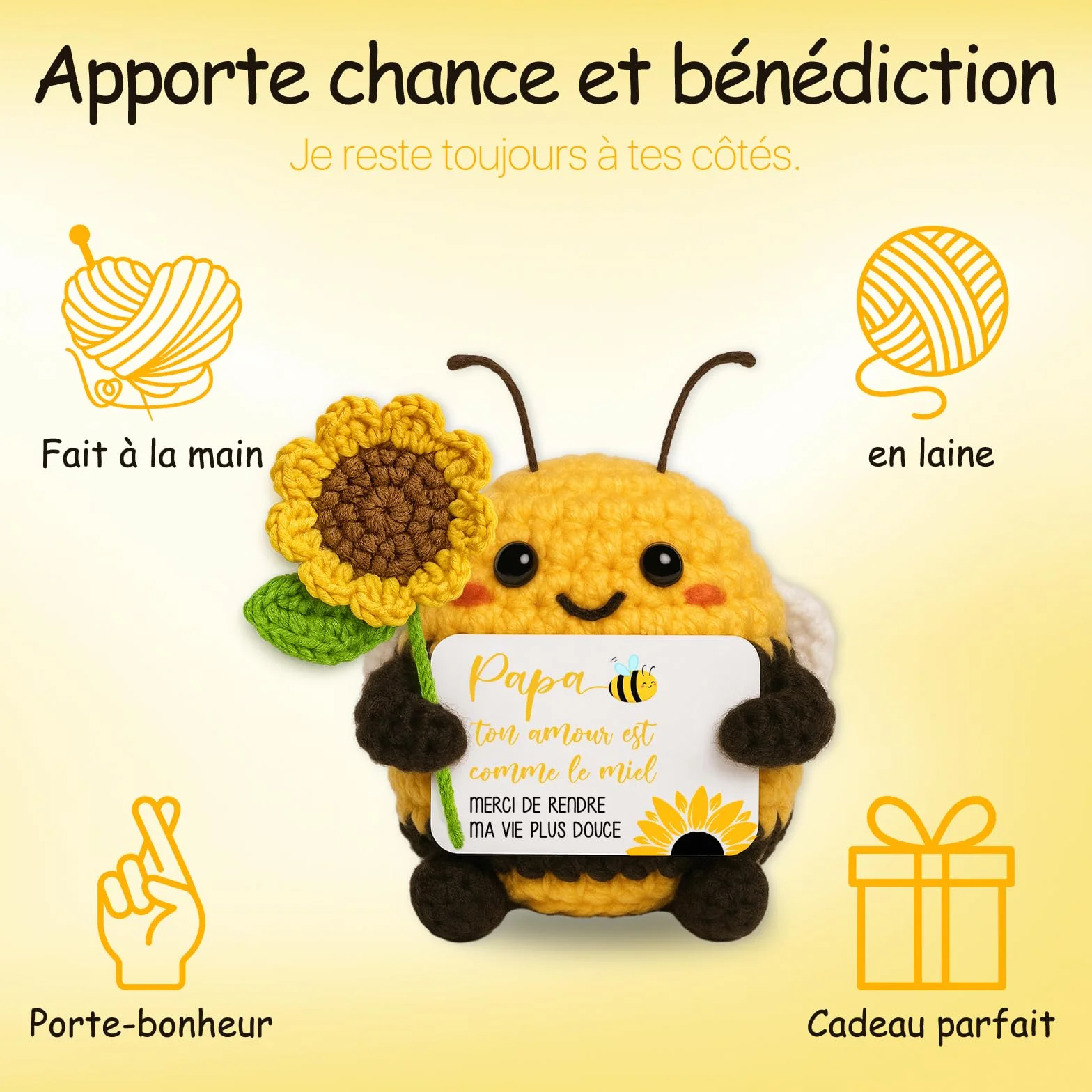 Cadeau Fête des Pères Abeille Heureuse Tournesols Fait Main au Crochet Décoration Maison
