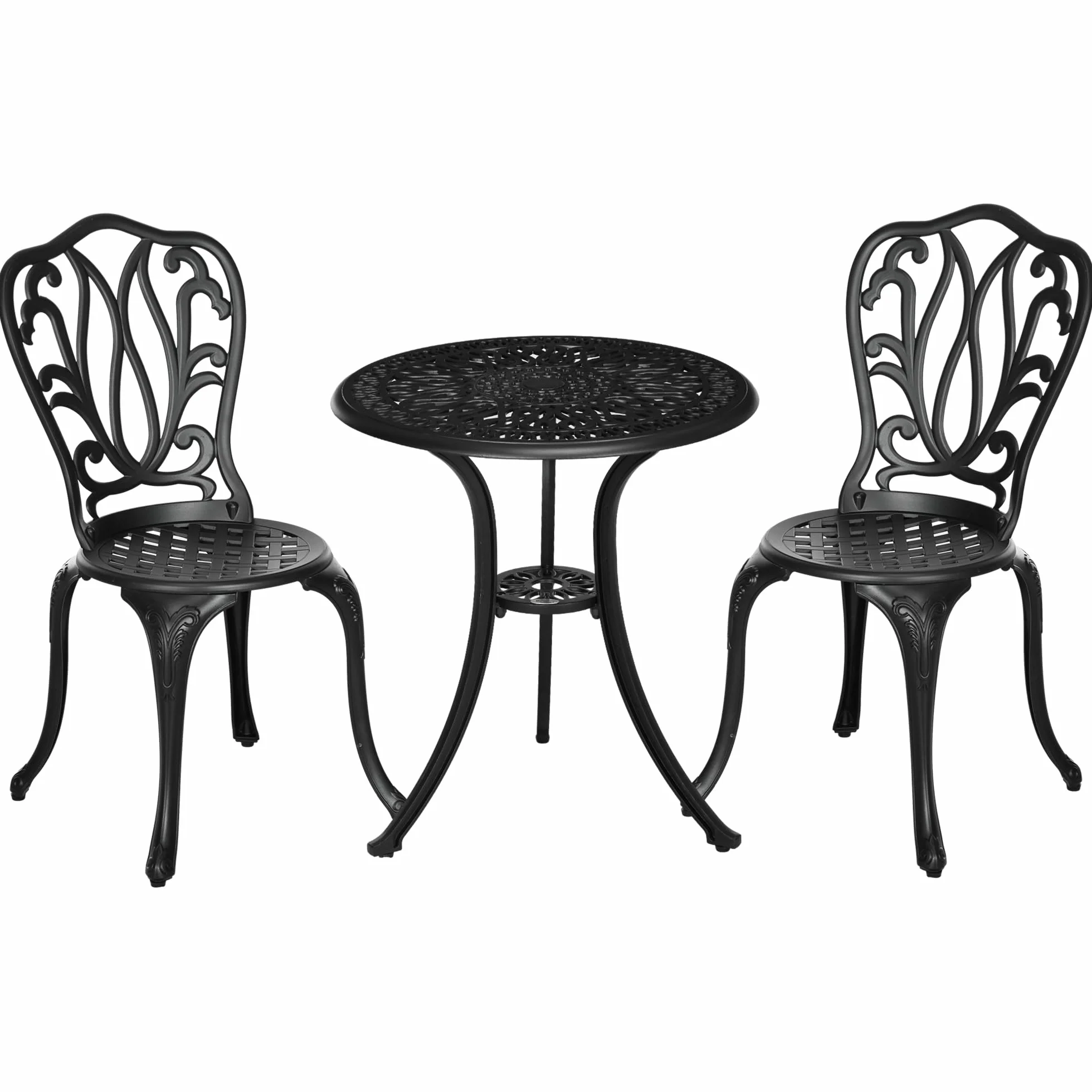 Outsunny Salon de Jardin Exterieur, Ensemble Table Ronde et Chaises Aluminium avec Trou Parasol Noir