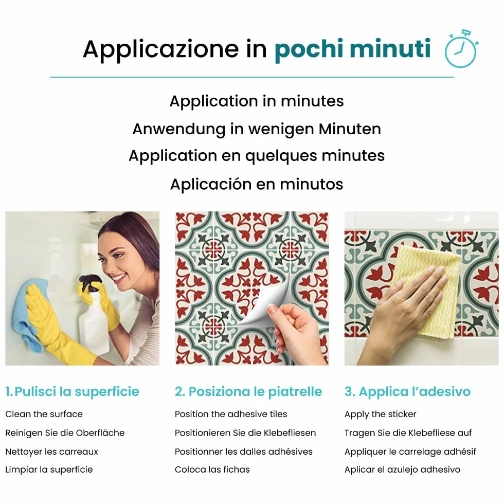 Autocollants Carrelage PVC Imperméables Anti-rayures Cuisine Bain Peel and Stick 12 Pcs 15x15 cm Modèle PS00090 Made in Italy