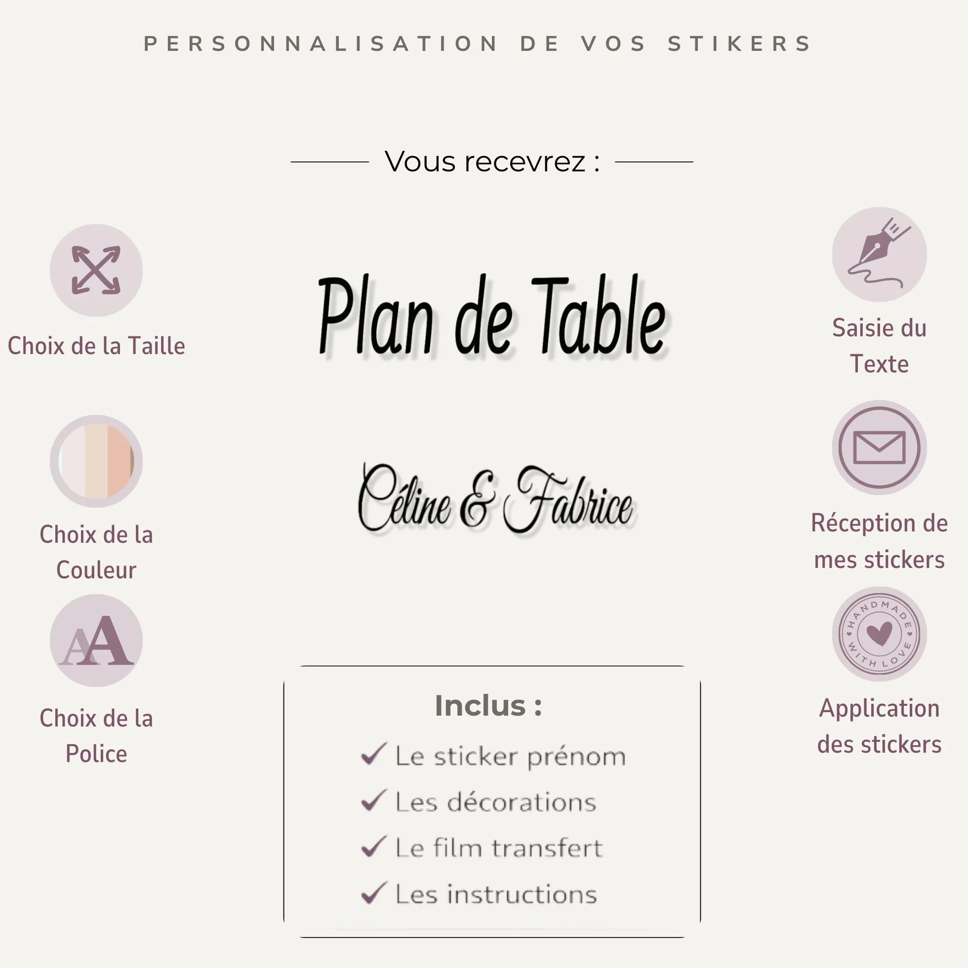Stickers Personnalisés Plan de Table Mariage – Décoration à Coller sur Bois, Plexi ou Miroir – Fabrication Française