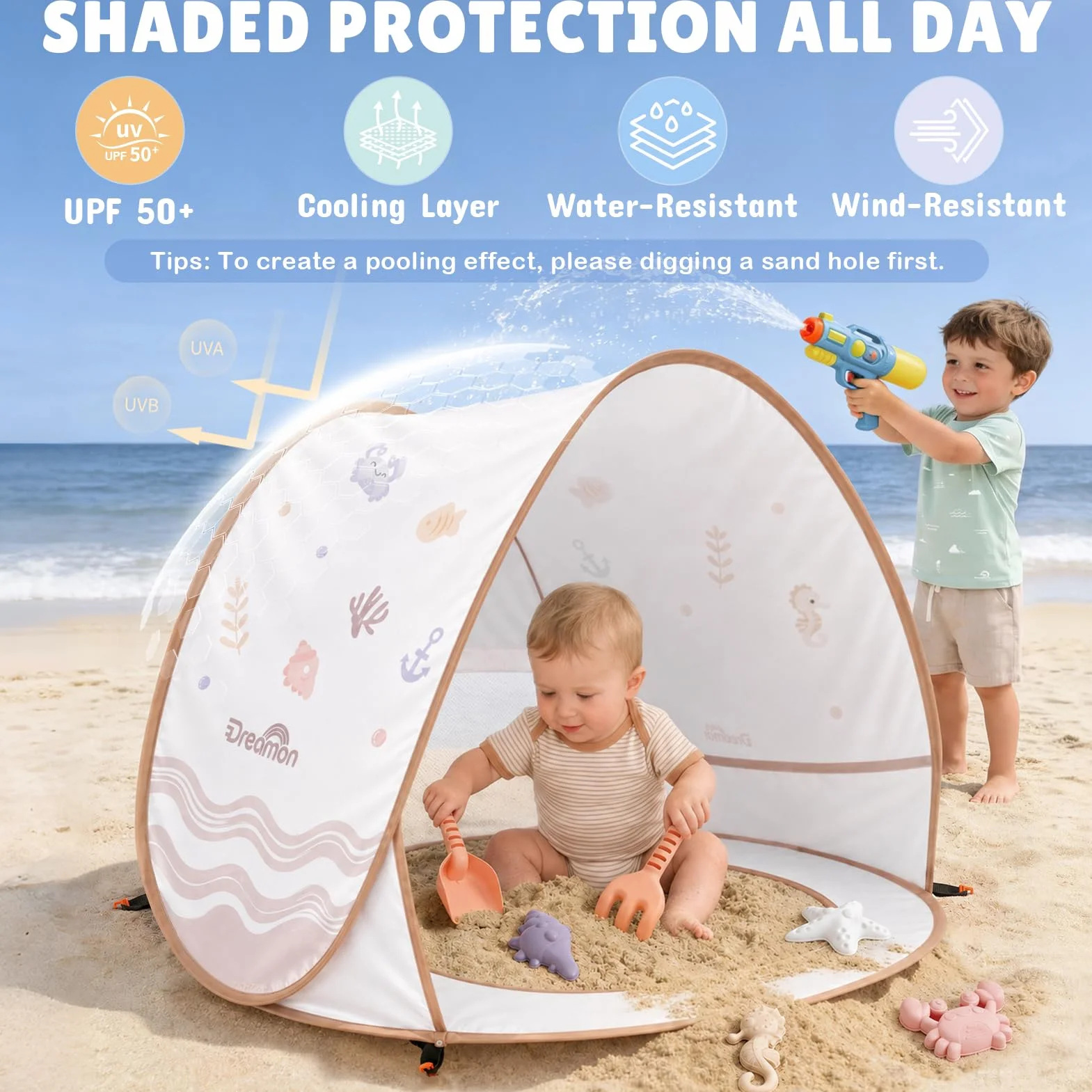 Tente de Plage Anti UV Bébé Portable avec Mini Piscine pour la Plage, Le Jardin, Le Camping et Les Activités en Plein Air