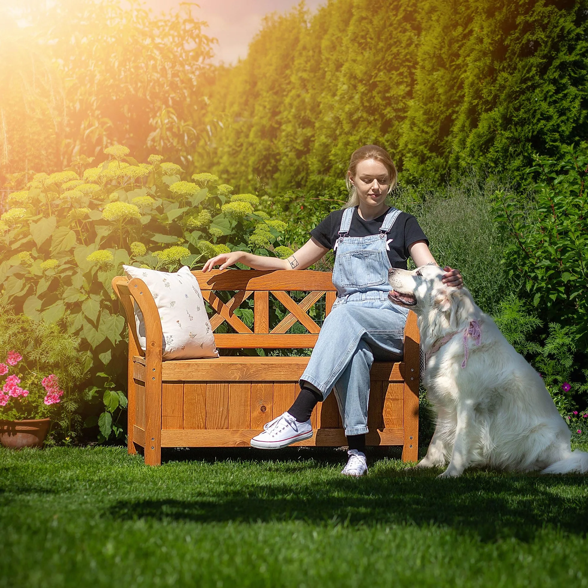 KADAX Banc de Jardin 119x43x75 cm Panneau de Fibres de Bois avec Rangement Dossier Résistant aux intempéries Chêne doré