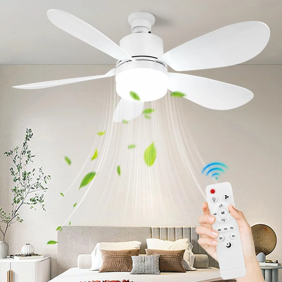 Ventilateur de Plafond avec Lumière LED Dimmable 52cm Silencieux 5 Pales 3 Vitesses Télécommande E27/E26