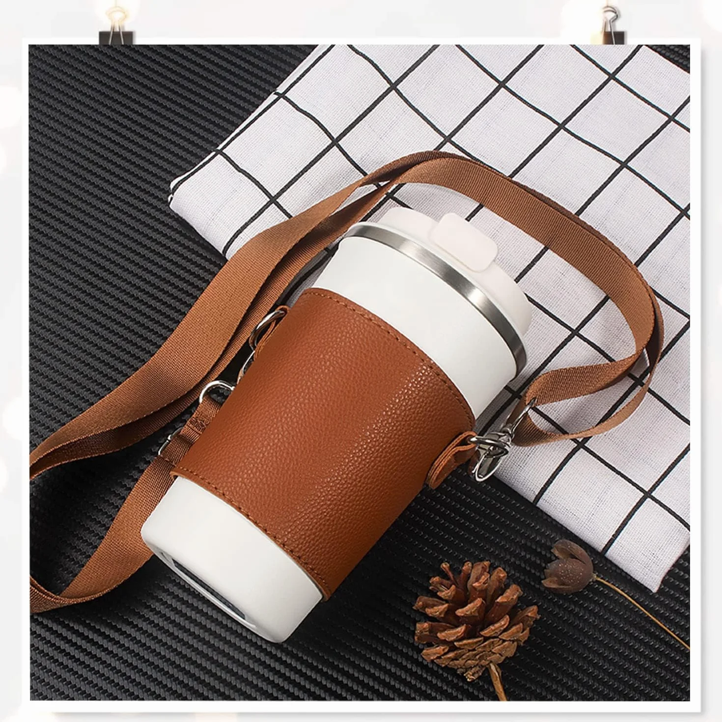 BandoulièRe Gobelet Bouteille Porte Bouilloire - RéGlable Sangle Poche Accessoire Gourde ChaîNe Collier Cordon éPaule Universel Portable Convient RandonnéE Cyclisme Grand Air Camping Voyage（Marron）