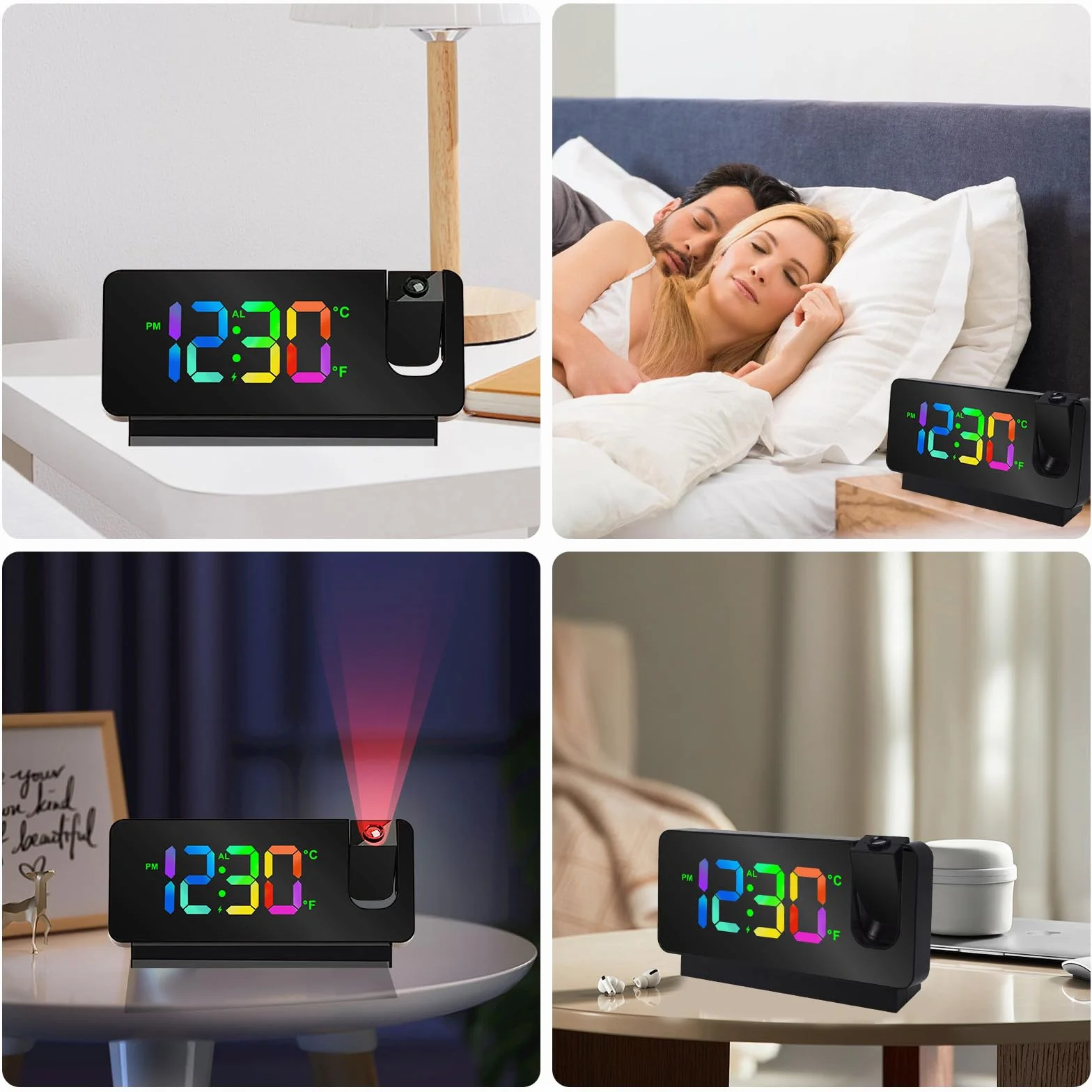 Réveil Projecteur Plafond Numérique LED 180° avec Snooze Température USB