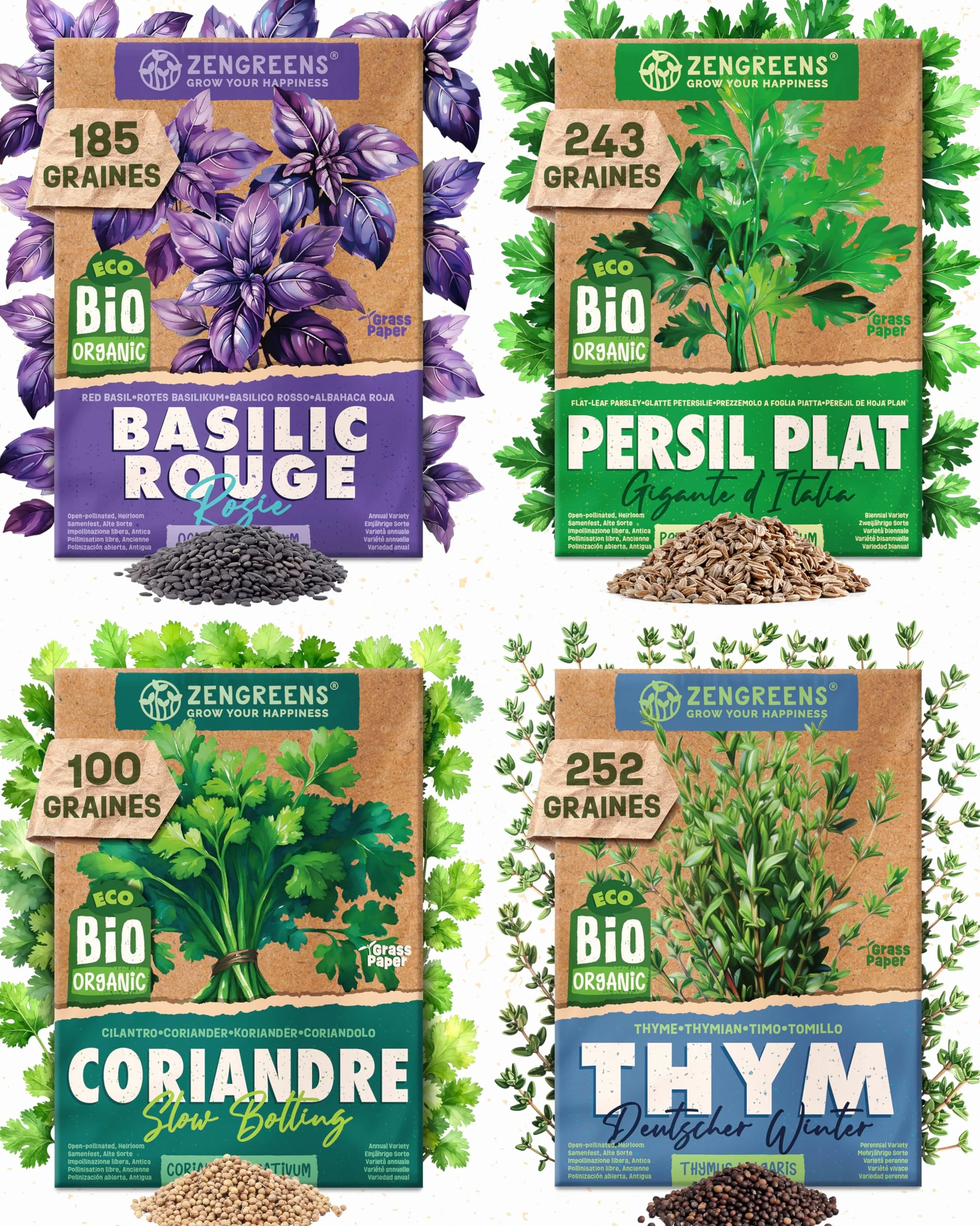 Kit de graines de herbes aromatiques bio 25 variétés ZenGreens® pour jardin balcon jardinière